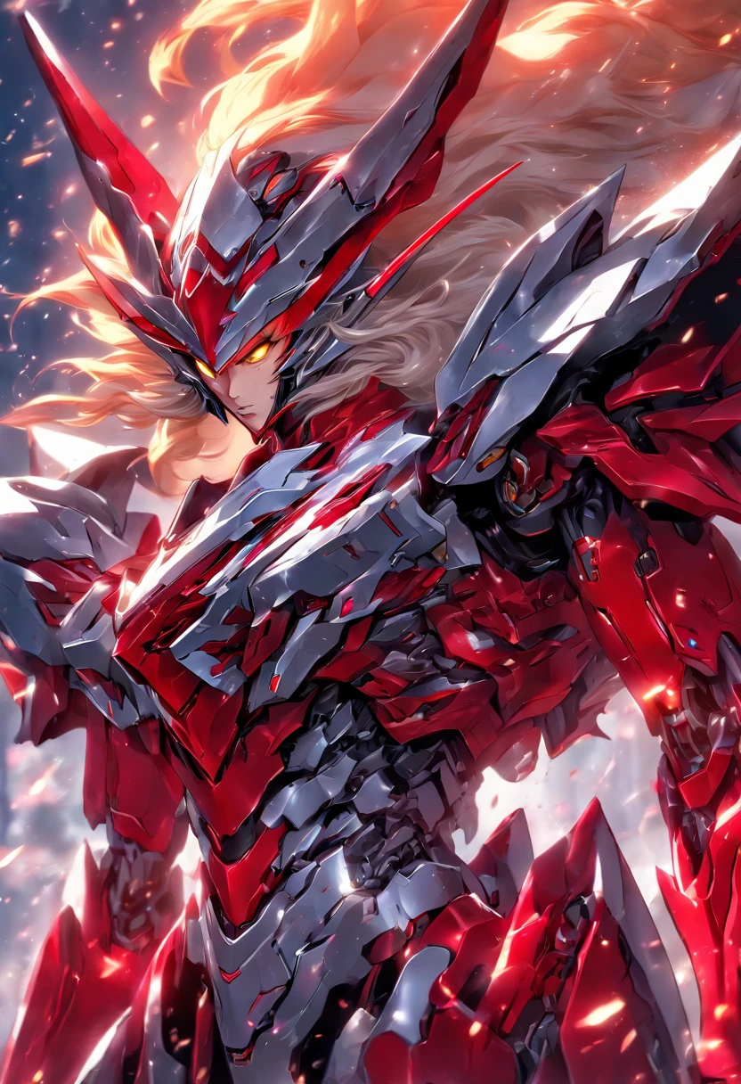 Elf, crimson skin, mane of crimson, silver and grey mecha armor with blades, skyterror, masterpiece, best quality