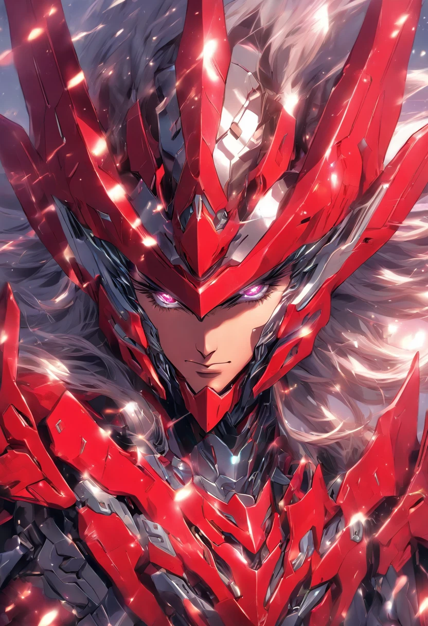 Elf, crimson skin, mane of crimson, silver and grey mecha armor with blades, skyterror, masterpiece, best quality