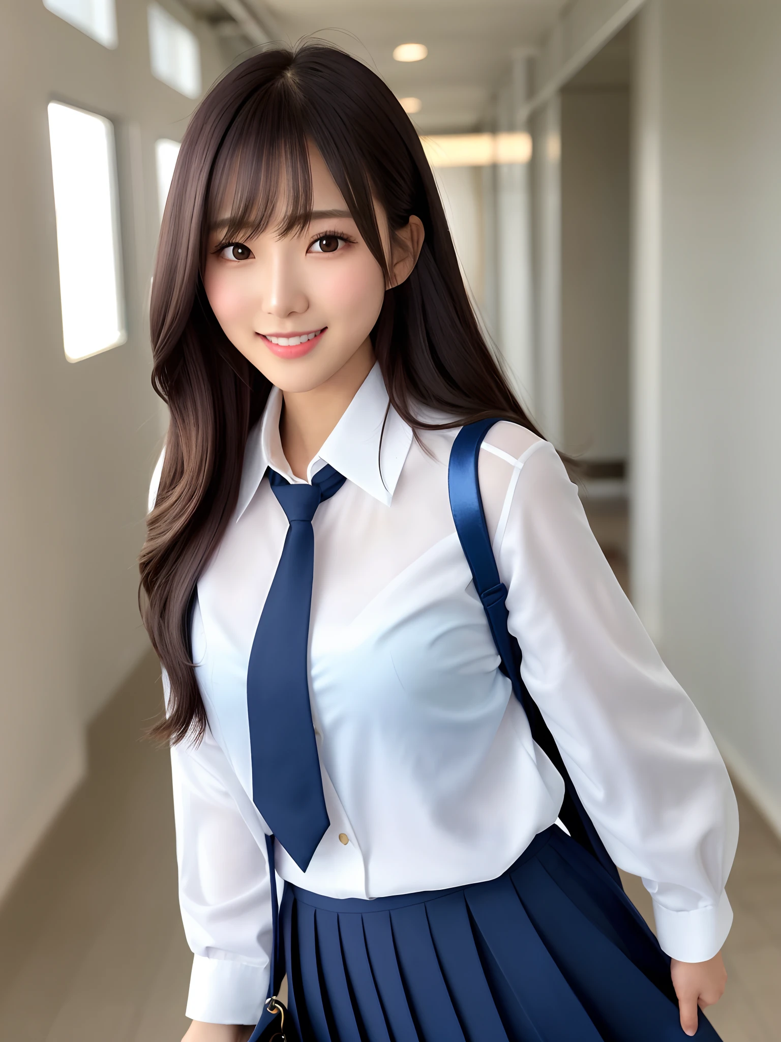 product quality, 1girl, upper body shot, front view, a Japanese young pretty woman, long bob hair, walking on a crowded school hallway with a big smile in the morning, glamorous figure, wearing a long sleeves dark blue cardigan over white collared silky satin shirt with shiny satin dark blue plain long tie, wearing a dark blue pleated long skirt, carrying one tote bag over her shoulder, hyper cute face, glossy lips, double eyelids in both eyes, natural makeup, long eyelashes, shiny smooth light brown long bob hair, asymmetrical bangs, a tanned skin, central image, high resolution, high detail, detailed hairstyle, detailed face, spectacular cinematic lighting, octane rendering, vibrant, hyper realistic, perfect limbs, perfect anatomy