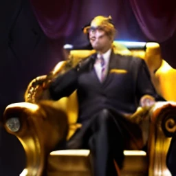 a close up of a man in a suit sitting in a chair, an epic majestical degen trader, sam hyde in gold suit, gold suit, blacksad, by Lisa Nankivil, in a gold suit, gilgamesh, riot games, by Gabriel Ba, riot games concept art, goldenwolf, nasus, sitting on golden throne