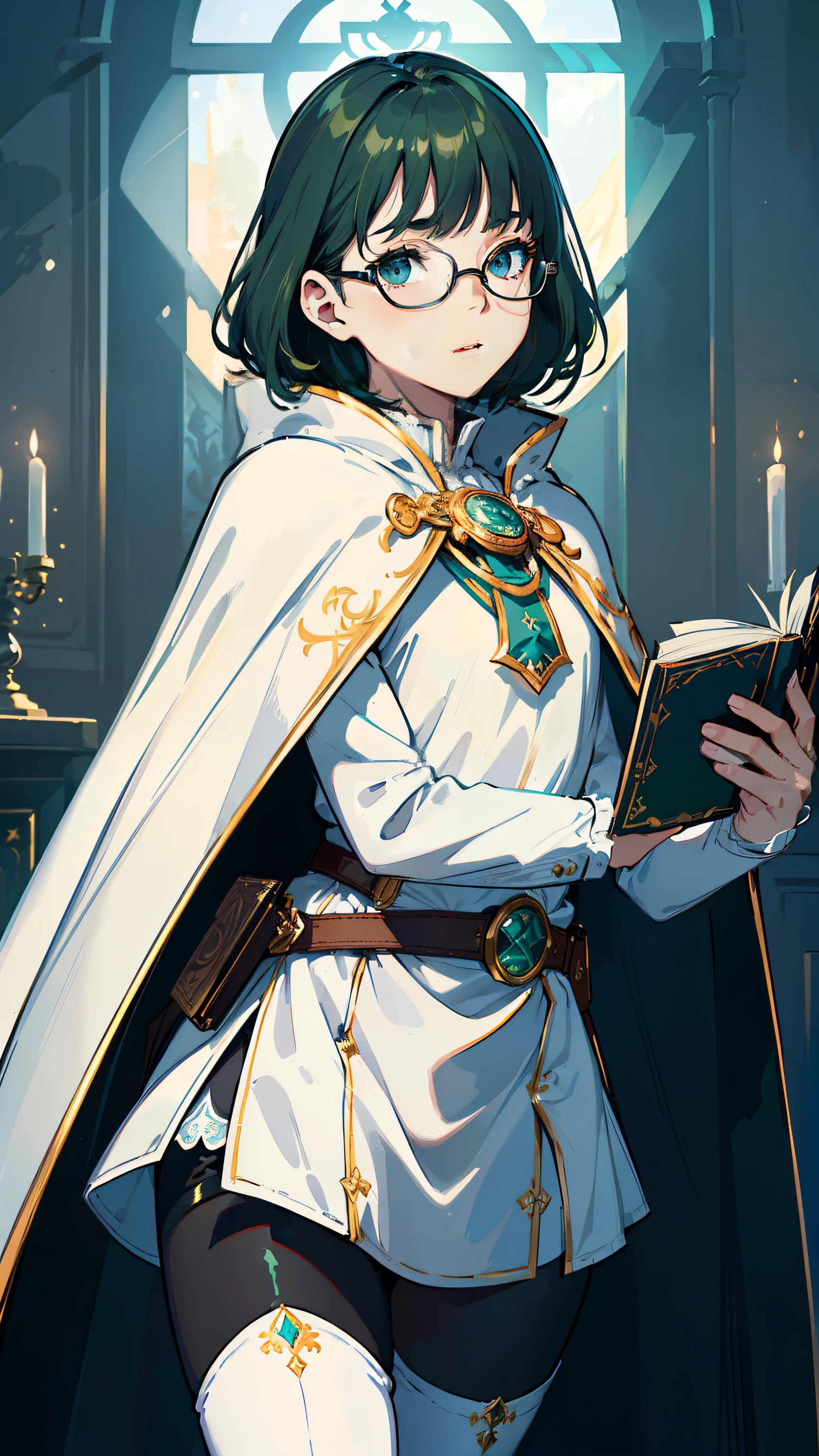 masterpiece, ultra detailed, 8k portrait, RAW photo, portrait photography, highly detailed face, beautiful and meticulous eyes, ((Fantasy)), Young beautiful, , child, dynamic pose, (((short deep green bobbed hair))), blunt bangs, White skin color, glasses, Luxury, (((white long tunic with a single vertical blue line))), (((black shorts))), (((white cape with coat of arms))), (((little waist hip pouch))), (((dark thigh high tights))), high cut leather boots, ((holding magic book)), Midday Sun, hyper realistic, slender body, flat chest, Long legs, in the medieval magic classroom, Ambient lighting, Shadow details , Camera focus on face, strong breeze, Light fog