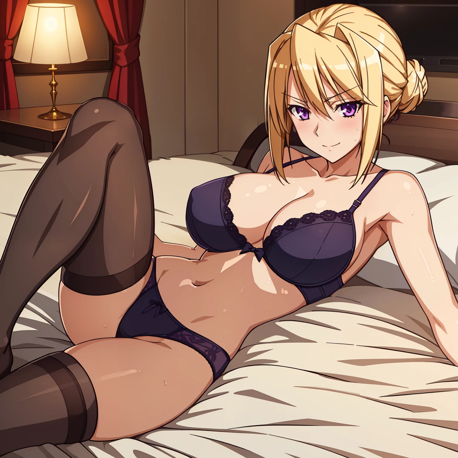 1girl,big breasts,hotel room,bed,(8k),
,detailed face,blond hair,purple eyes,short hair,embarassed,shy,smiling,bun,hair, high_res, high_definition,battlefield,sexy pose,black sexy lingerie,legs open,