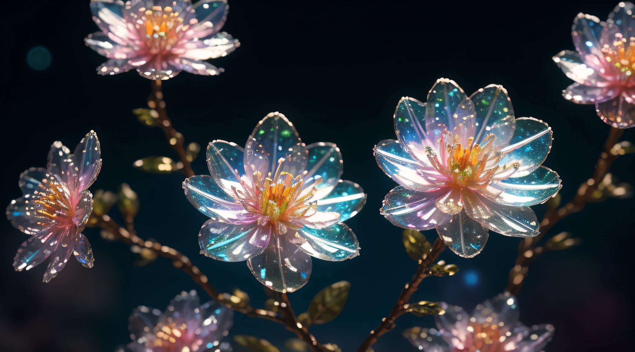crystal spring blossom,
fantasy, galaxy, transparent, 
shimmering, sparkling, splendid, colorful, 
magical photography, dramatic lighting, photo realism, ultra-detailed, 4k, Depth of field, High-resolution