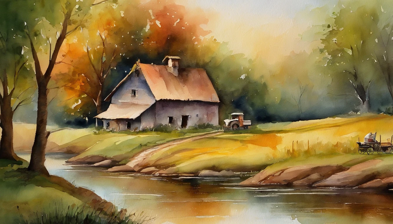 A farm house under the big tree beside the stream, Sunrise, bullock cart ,  Oil painting, classic style, rich colors, brushstrokes, vibrant textures, expressive portraits, dynamic composition, capturing light and shadow, artistry, timeless beauty.