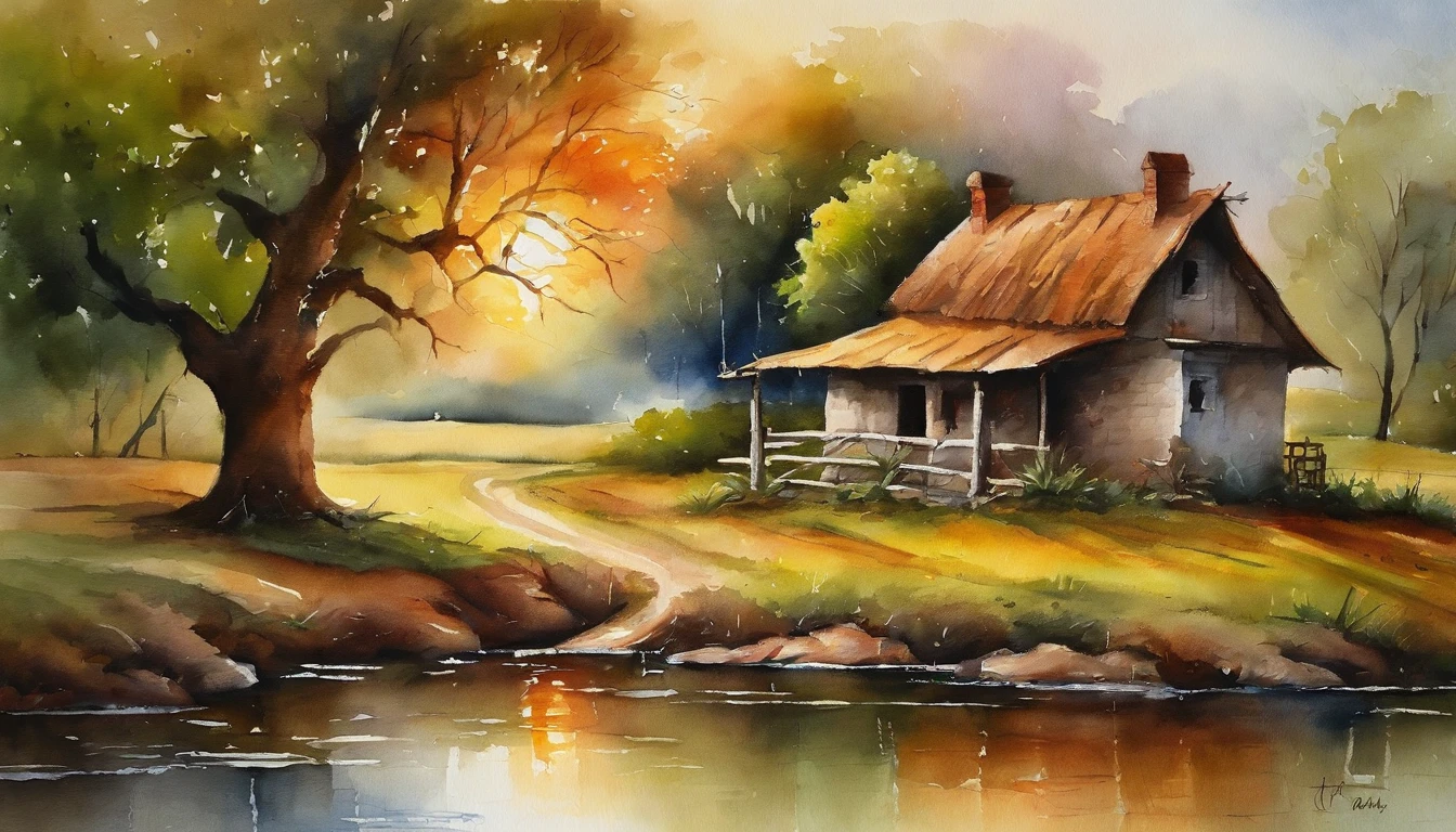 A farm house under the big tree beside the stream, Sunrise, bullock cart ,  Oil painting, classic style, rich colors, brushstrokes, vibrant textures, expressive portraits, dynamic composition, capturing light and shadow, artistry, timeless beauty.