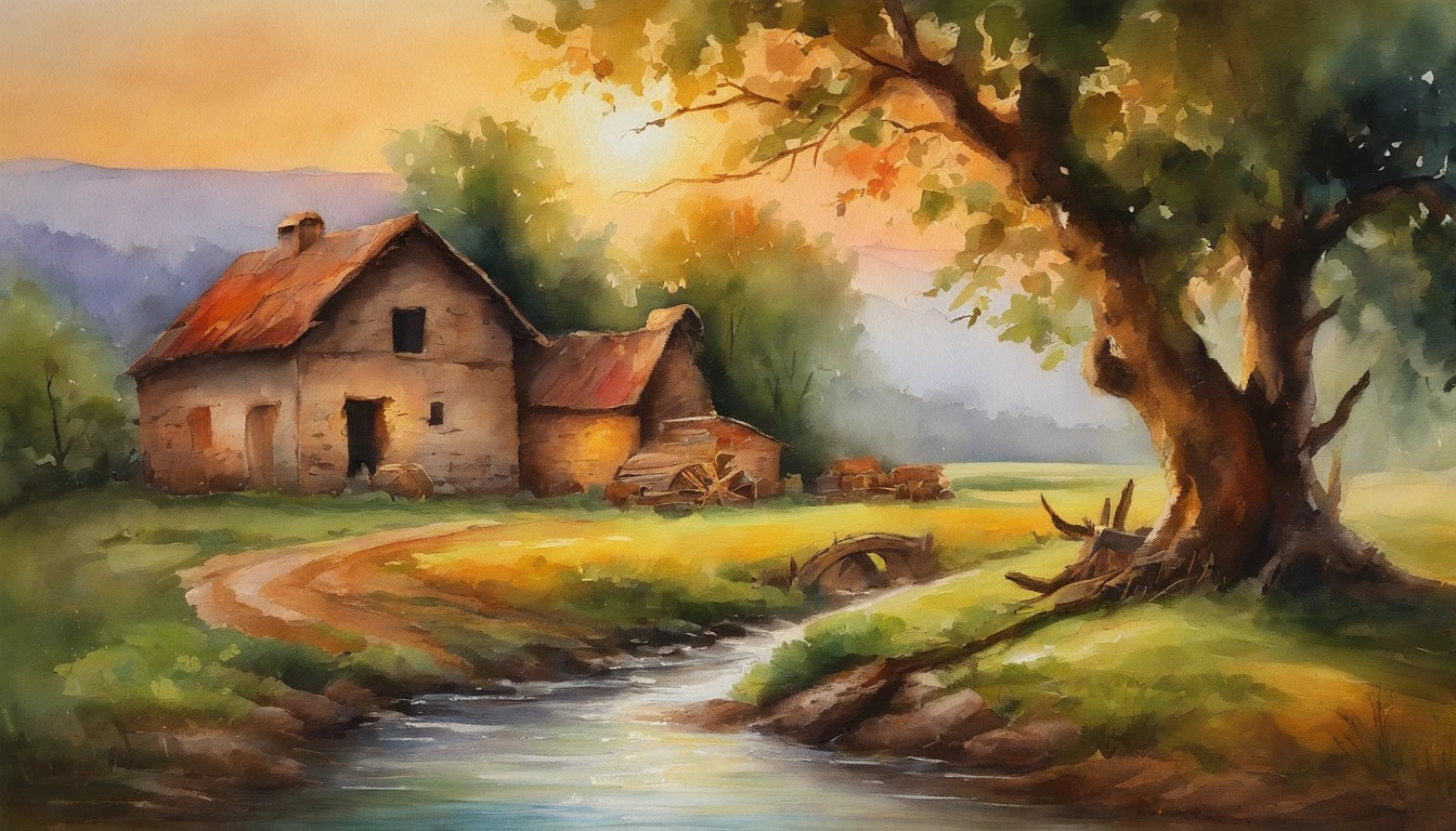 A farm house under the big tree beside the stream, Sunrise, bullock cart ,  Oil painting, classic style, rich colors, brushstrokes, vibrant textures, expressive portraits, dynamic composition, capturing light and shadow, artistry, timeless beauty.