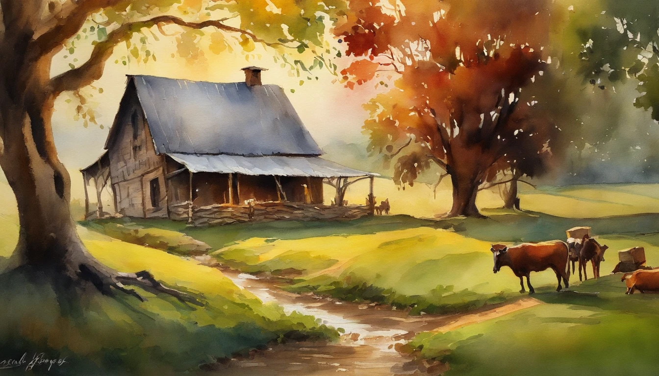 A farm house under the big tree beside the stream, Sunrise, bullock cart ,  Oil painting, classic style, rich colors, brushstrokes, vibrant textures, expressive portraits, dynamic composition, capturing light and shadow, artistry, timeless beauty.