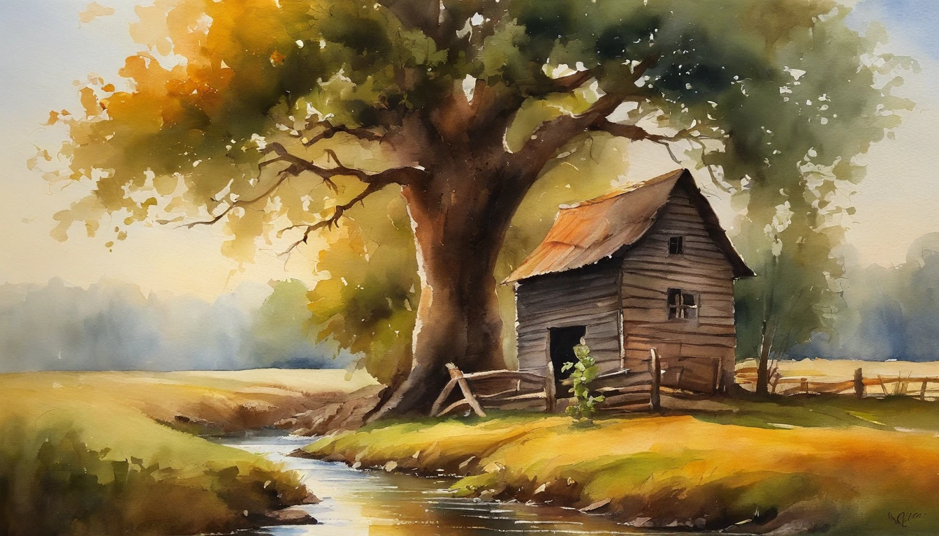 A farm house under the big tree beside the stream, Sunrise, bullock cart , Oil painting, classic style, rich colors, brushstrokes, vibrant textures, expressive portraits, dynamic composition, capturing light and shadow, artistry, timeless beauty.