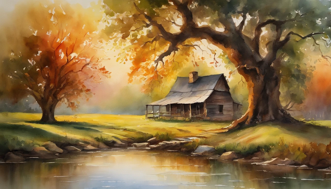 A farm house under the big tree beside the stream, Sunrise, bullock cart ,  Oil painting, classic style, rich colors, brushstrokes, vibrant textures, expressive portraits, dynamic composition, capturing light and shadow, artistry, timeless beauty.