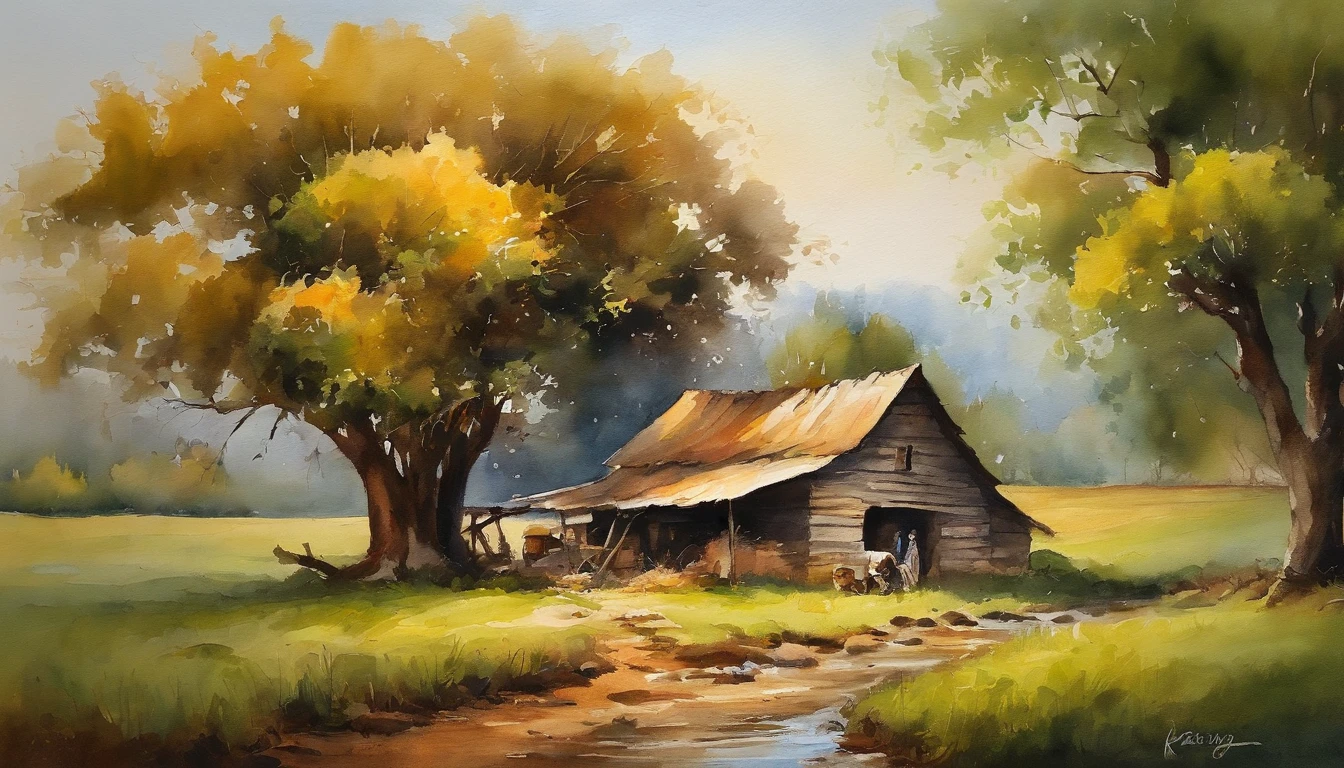 A farm house under the big tree beside the stream, Sunrise, bullock cart , Oil painting, classic style, rich colors, brushstrokes, vibrant textures, expressive portraits, dynamic composition, capturing light and shadow, artistry, timeless beauty.