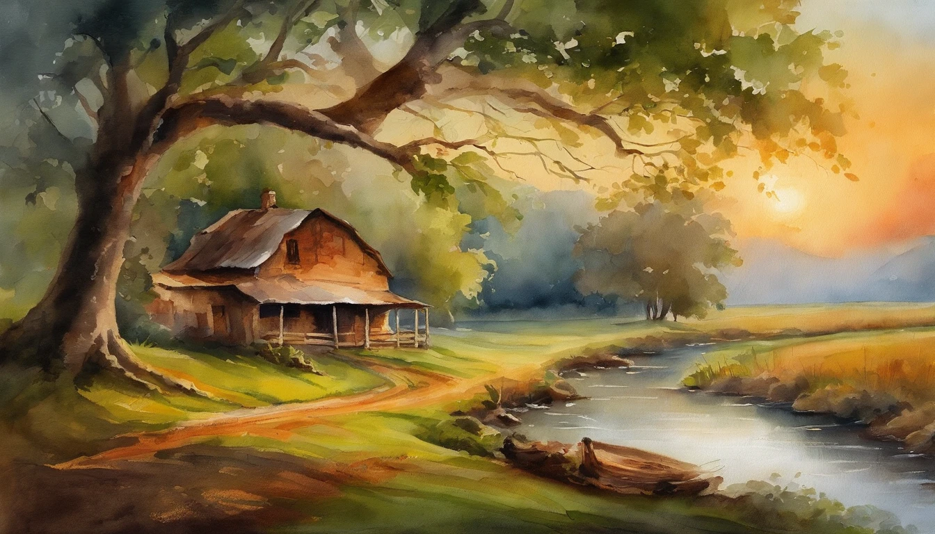 A farm house under the big tree beside the stream, Sunrise, bullock cart ,  Oil painting, classic style, rich colors, brushstrokes, vibrant textures, expressive portraits, dynamic composition, capturing light and shadow, artistry, timeless beauty.