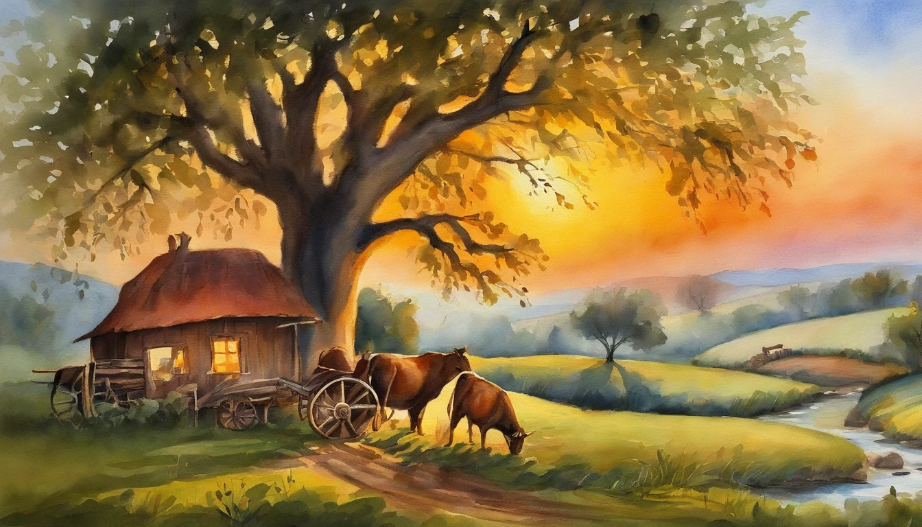 A farm house under the big tree beside the stream, Sunrise, bullock cart ,  Oil painting, classic style, rich colors, brushstrokes, vibrant textures, expressive portraits, dynamic composition, capturing light and shadow, artistry, timeless beauty.