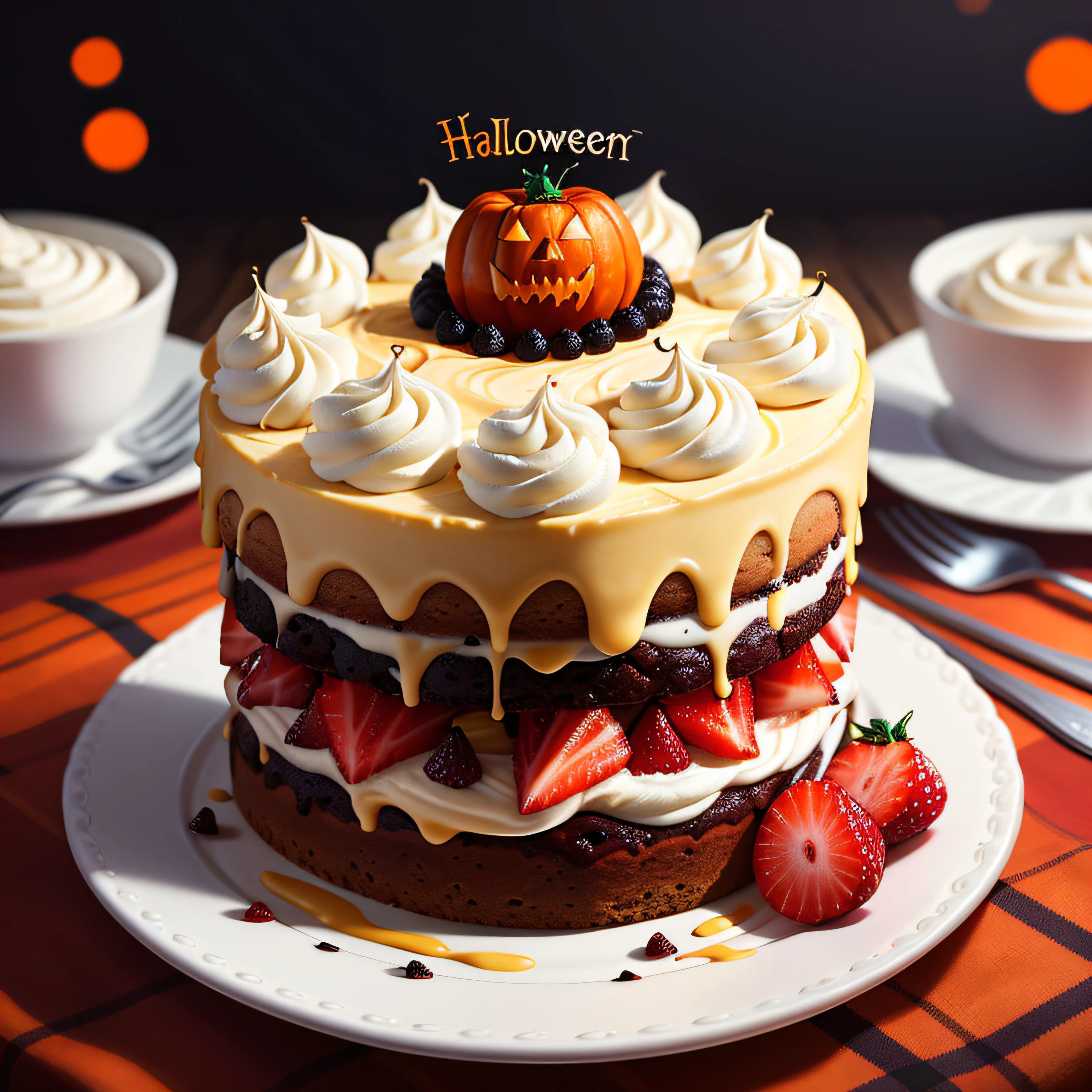 (raw photo), masterpiece, high quality, best quality, halloween themed cake with cream on a plate, full cake, full cake, colorful cake, halloween, foodphoto, blurred background, full view, 8k, excellent quality.