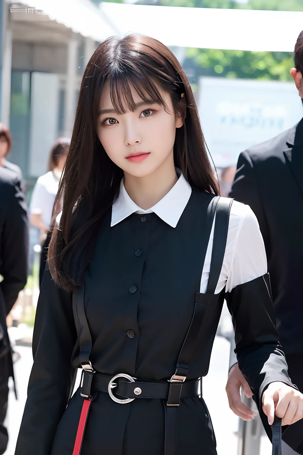 ​masterpiece、top-quality、The ultra -The high-definition、、colourfull、flat-colors、depth of fields、lens flare 1 girl、、A dark-haired、watching at viewers　suits　Cutter shirt　a belt　suspenders　working adults　materia　OL　Black Suit　Black jacket　glares　large full breasts