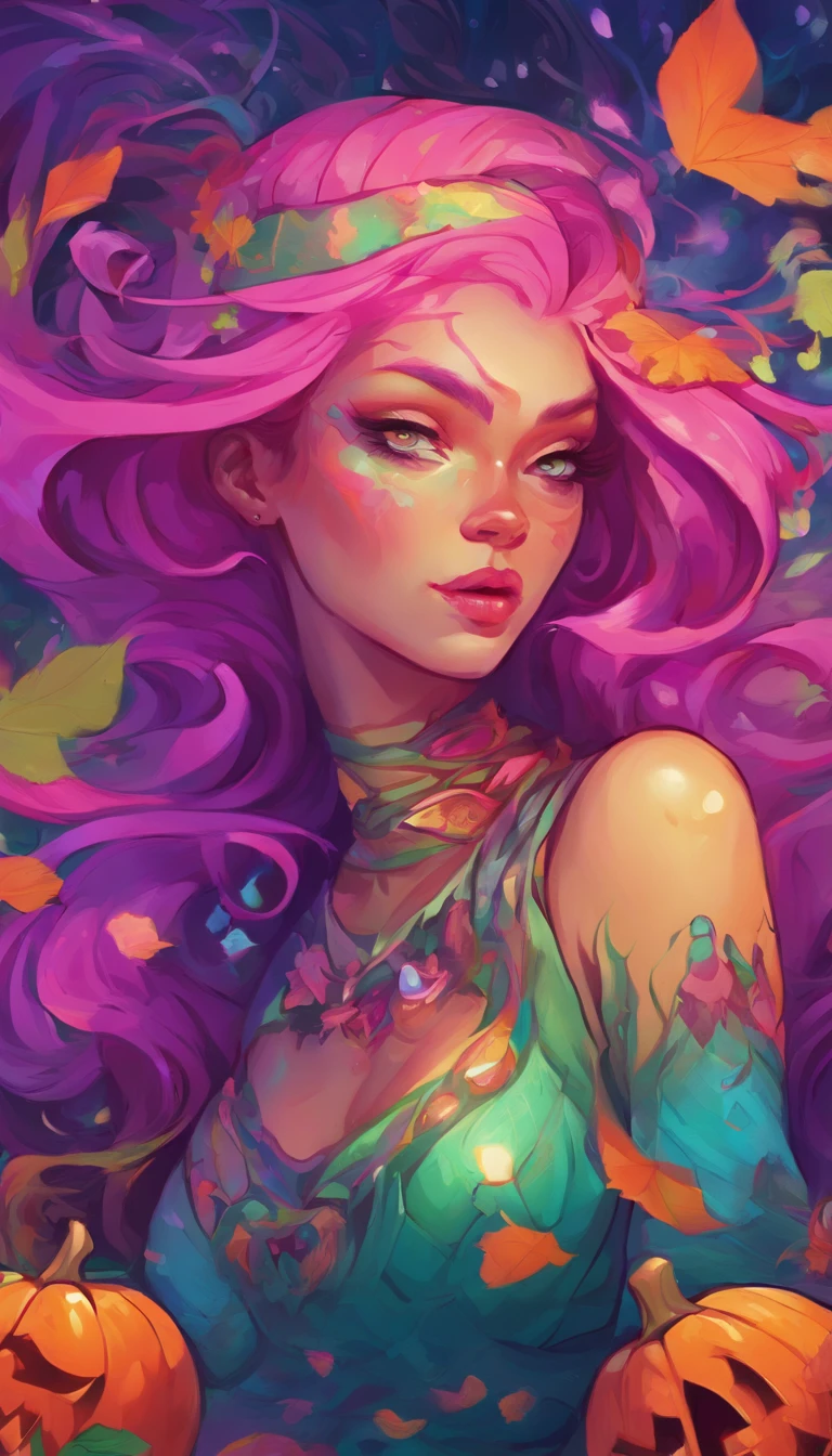 a close up of a woman in a costume with purple hair and purple glowing eyes, glowing green pumpkins, lois van baarle and rossdraws, artgerm and lois van baarle, artgerm and rossdraws, rossdraws cartoon vibrant, beautiful succubus, ross tran style, rossdraws 2. 5, inspired by Ross Tran, halloween art style, extremely detailed artgerm