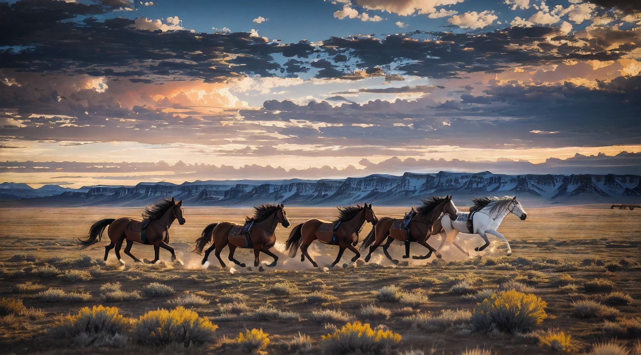 Horses run in a line in a field with mountains as a background, horses in run, galloping, wyoming, Horses, photographer art wolfe, Western art, american west scenery, shutter inventory, 4 K Wild West, majestic horses, by Linda Sutton, Greg Spalletnca, marc adamus, Mane, in full gear, author:Don Reichert, stunning photo