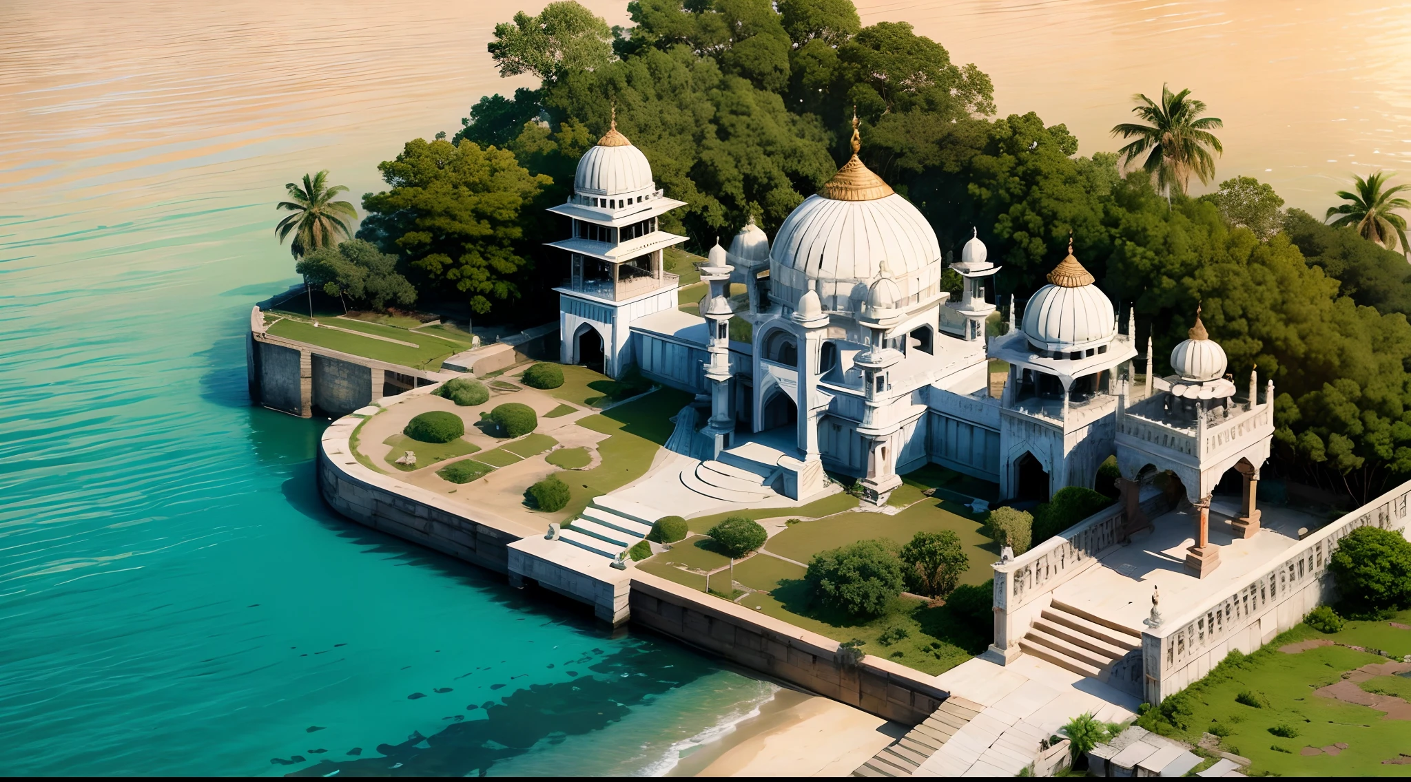 Dock of Calicut, India, Bharat, indian style, indo-muslim style, mixture of muslim and indian style, 15th cenutry, medieval age, exterior, india and hinduism element in architecture, white roof and white wall, humid and wet and hot
