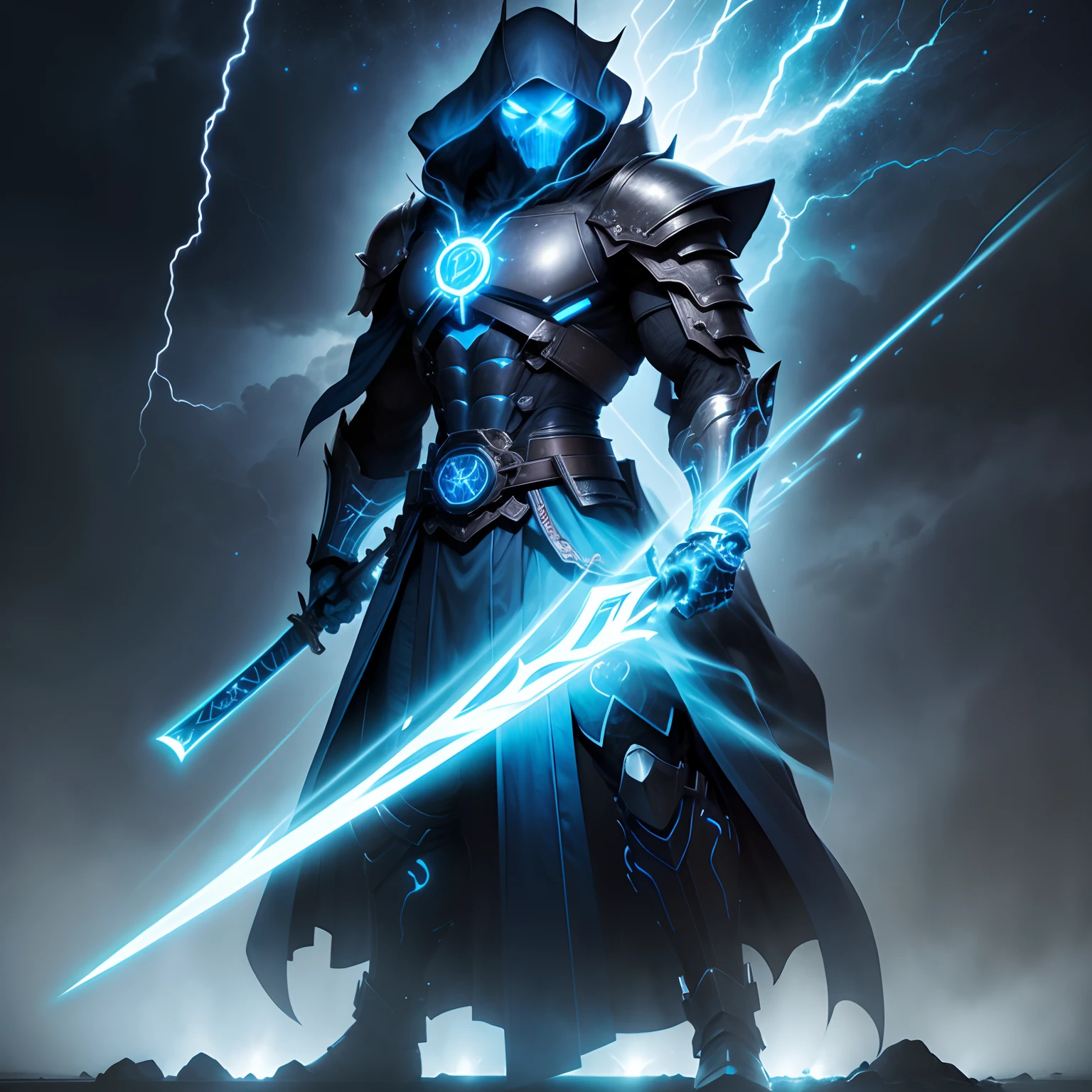 Blue Ghost Hunter, (Giant: 1.6), Super Cool Ghost Killer, Surrounded by lightning, holding samurai sword, super detailed, Realistic, shiny, Reflective, mechs, SH4G0D, GlowingRunes_Red, Full body, movie, Dark background, Backlight, High contrast, cosmic space, droid,
