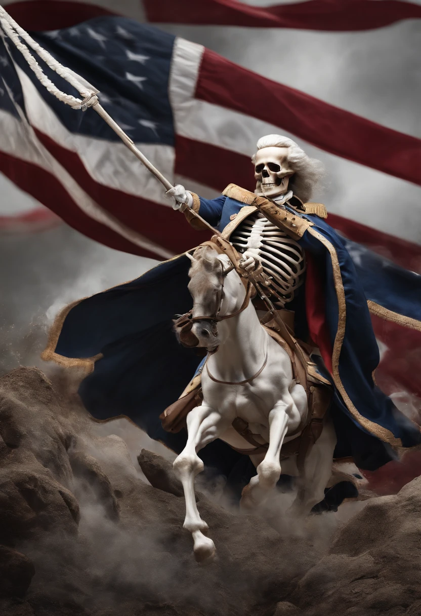 Skeleton George Washington fighting for freedom with a white background.