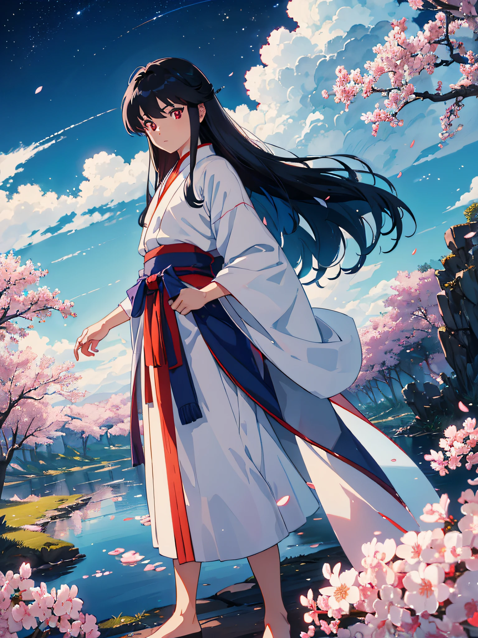 Sesshomaru Inuyasha, boy with luminous red eyes, with all his grandeur, Blue moon in the sky, dark blue sky with stars, cherry blossom petals flying in the wind, (ultra-realistic), {extremely detailed 8k CG unit wallpaper }, expansive landscape photography, (a view from below with focus on the character and the setting), (wide view of open field), (low angle shot), (high light: 1.5), (low light: 1.0), (warm light source: 1.2), complex details, (iridescent colors: 1.2), (bright lighting), (atmospheric lighting), dreamy, badass, Inuyasha, landscape