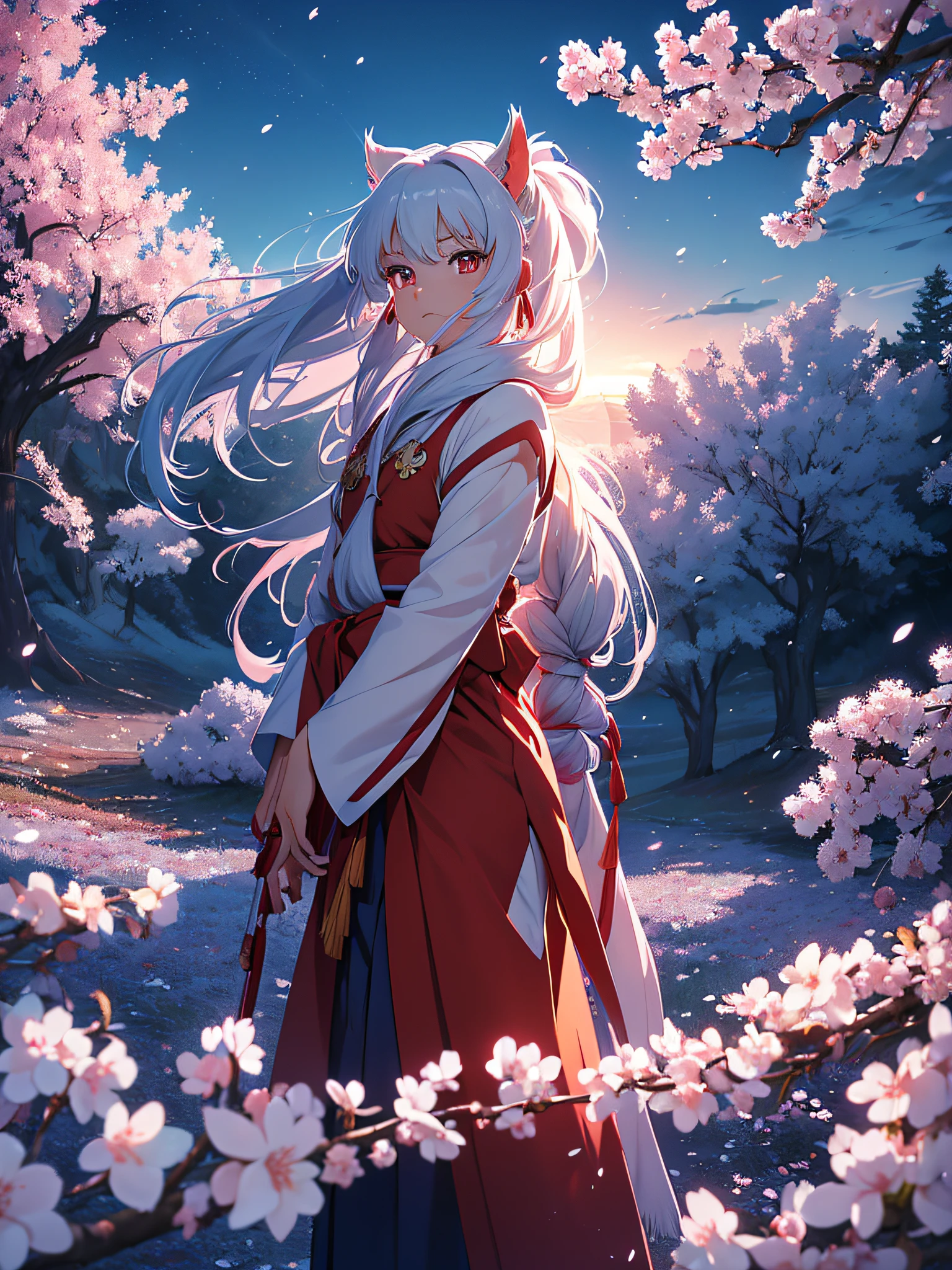 Sesshoumaru Inuyasha, luminous red eyes, with all their grandeur, Blue moon in the sky, dark blue sky with stars, cherry blossom petals flying in the wind, (ultra-realistic), {extremely detailed 8k CG unit wallpaper}, expansive landscape photography, (a view from below with focus on the character and the setting), (wide view of open field), (low angle shot), (high light: 1.5), (low light: 1.0), (source warm light: 1.2), complex details, (iridescent colors: 1.2), (bright lighting), (atmospheric lighting), dreamy, badass, Inuyasha, landscape