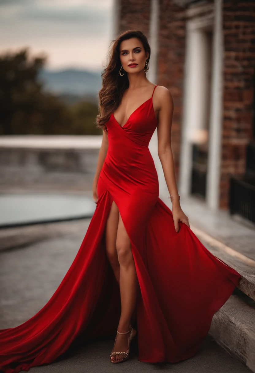 Woman in white dress posing for photo, detailed face in a perfect light, red dress, gorgeous model, red dress, corpo sensual com barriga sexy, corpo atraente, cabelos castanhos e um corpo perfeito, modelo com corpo atraente, 2 Modelo feminina de 4 anos, full body shot in red dress, on rooftop, posing like a model a flow dress