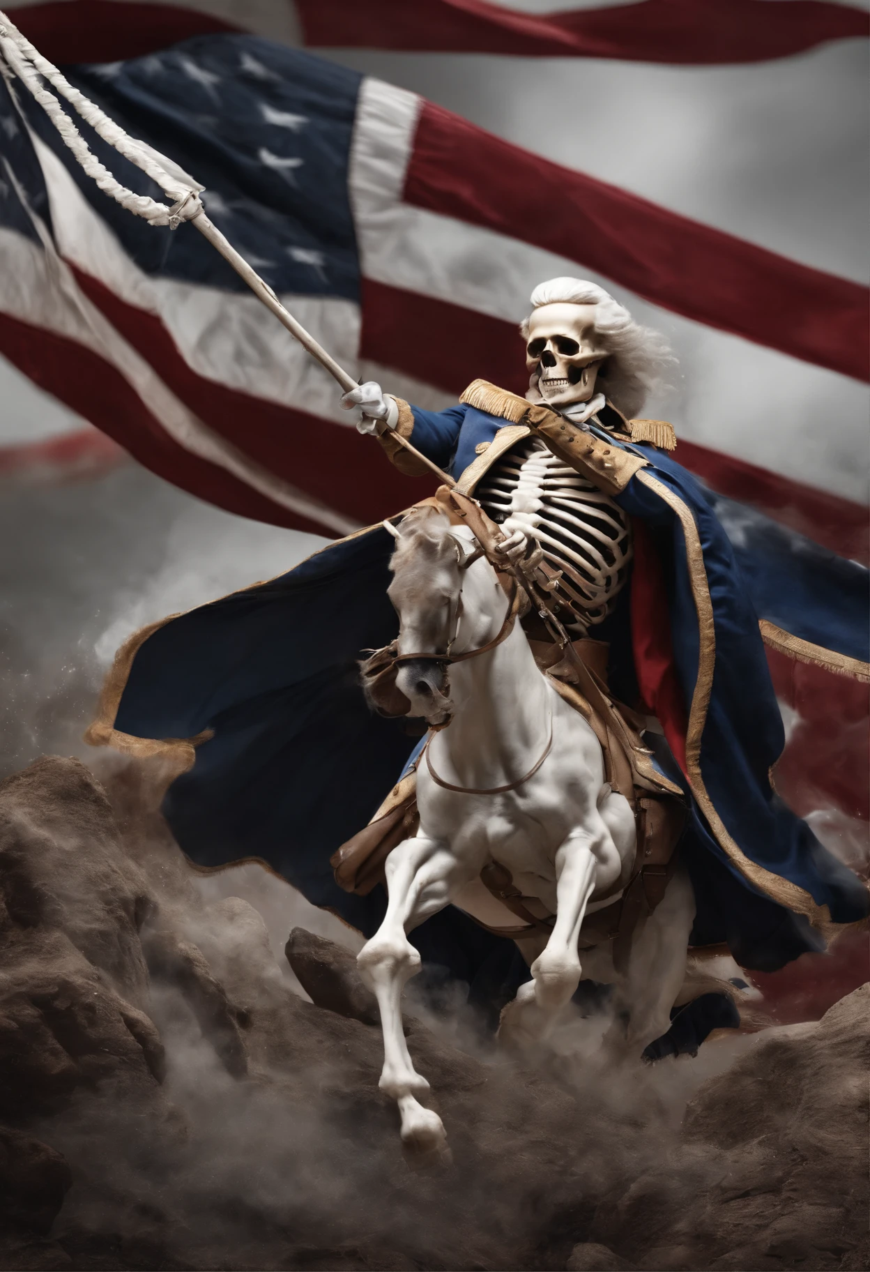 Skeleton George Washington fighting for freedom with a white background.