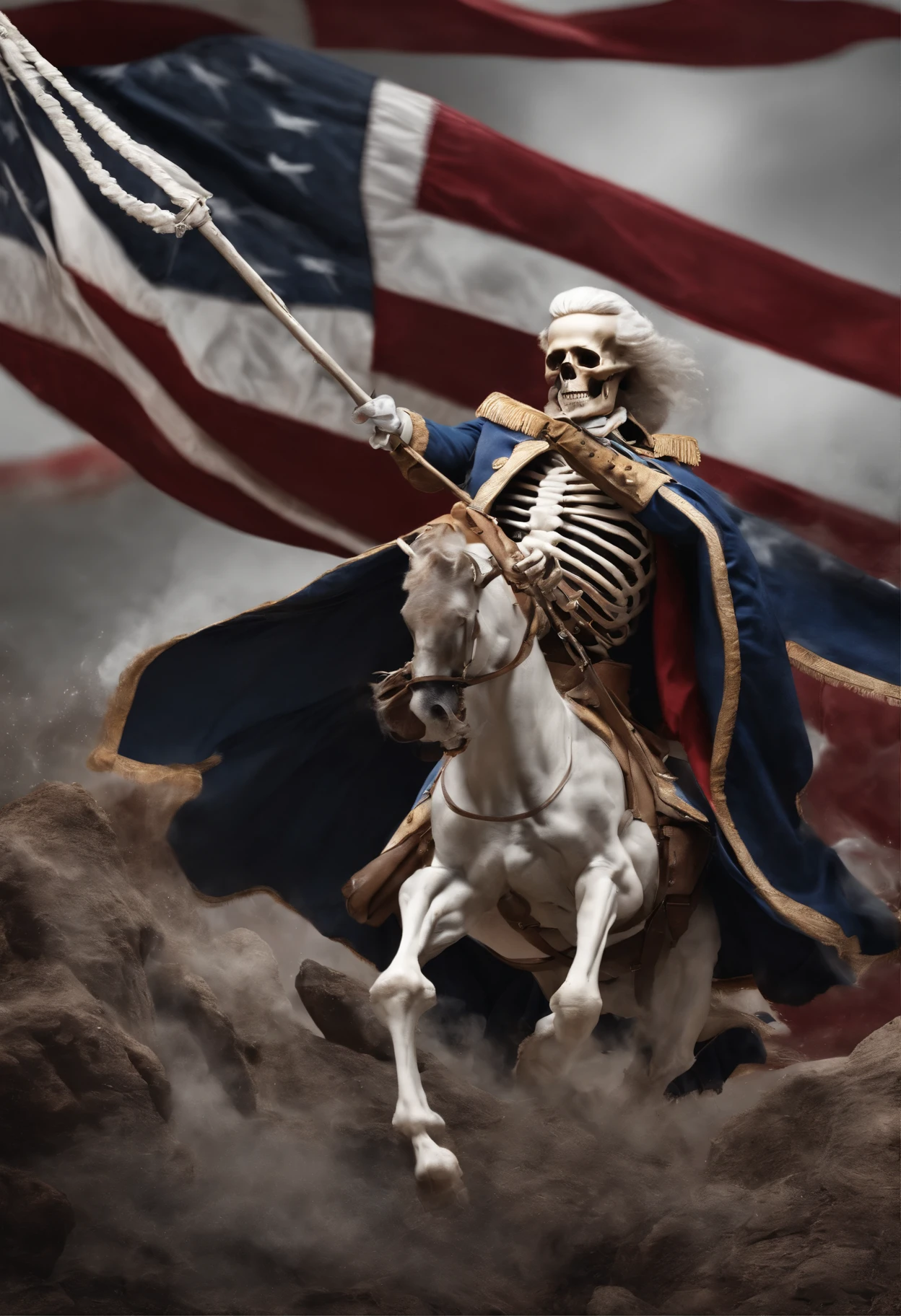 Skeleton George Washington fighting for freedom with a white background.