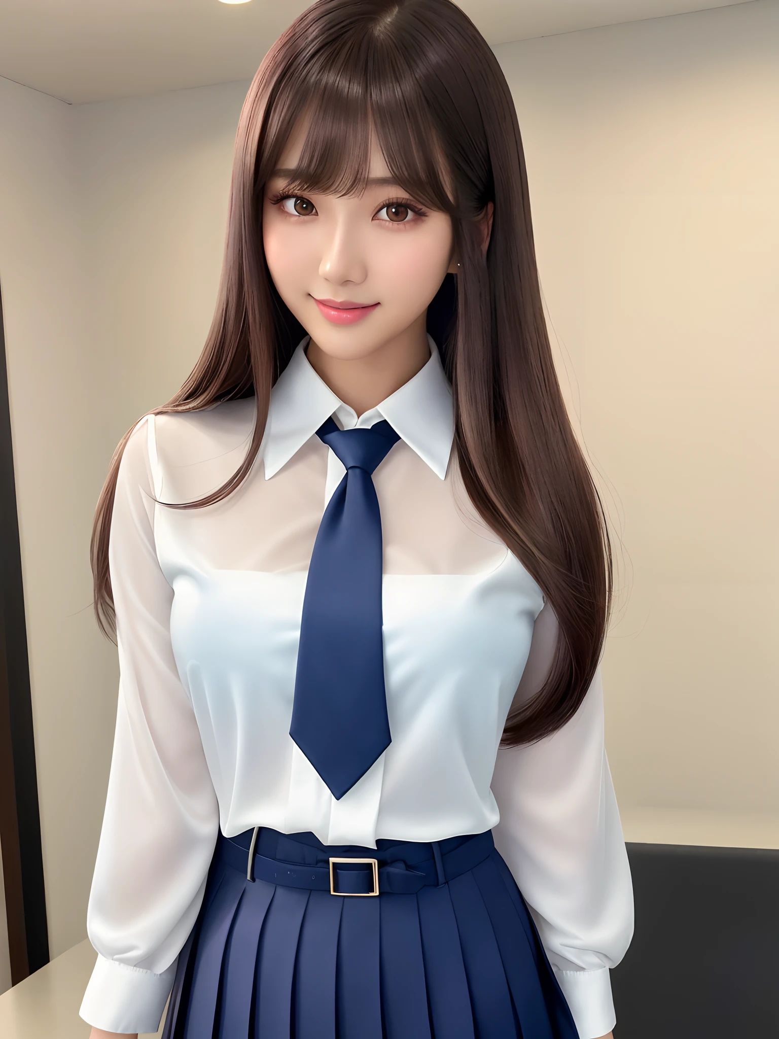 product quality, 1girl, upper body shot, front view, a Japanese young pretty woman, long bob hair, standing with a big smile in a crowded classroom of high school in the morning, glamorous figure, wearing a long sleeves cardigan over white collared silky satin shirt with shiny satin dark blue plain long tie, wearing a dark blue pleated long skirt, hyper cute face, glossy lips, double eyelids in both eyes, natural makeup, long eyelashes, shiny smooth light brown long bob hair, asymmetrical bangs, a tanned skin, central image, high resolution, high detail, detailed hairstyle, detailed face, spectacular cinematic lighting, octane rendering, vibrant, hyper realistic, perfect limbs, perfect anatomy