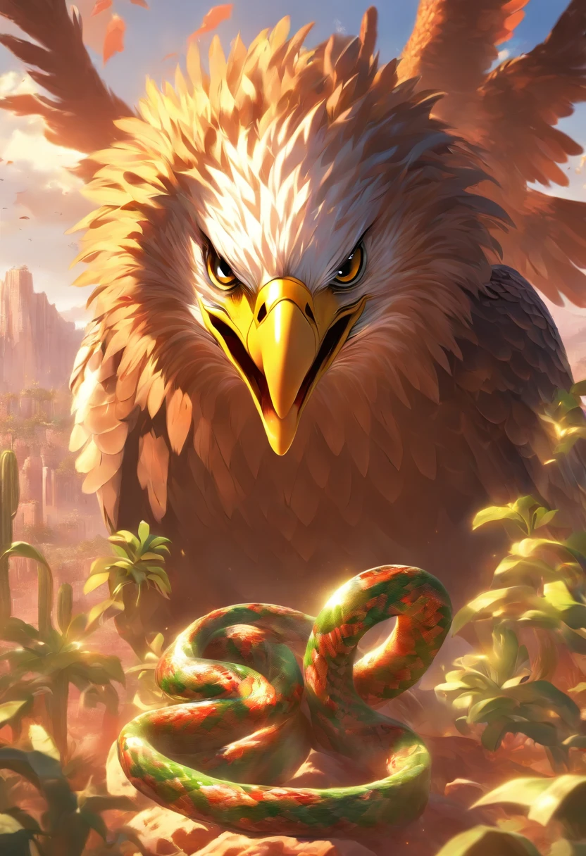 (((Eagle devouring snake)))best quality, ultra-high resolution, 4K detailed CG, master piece, eagle, cactus, desert snake, sunlight, Mexico, aesthetics, Beautiful image, centered on screen