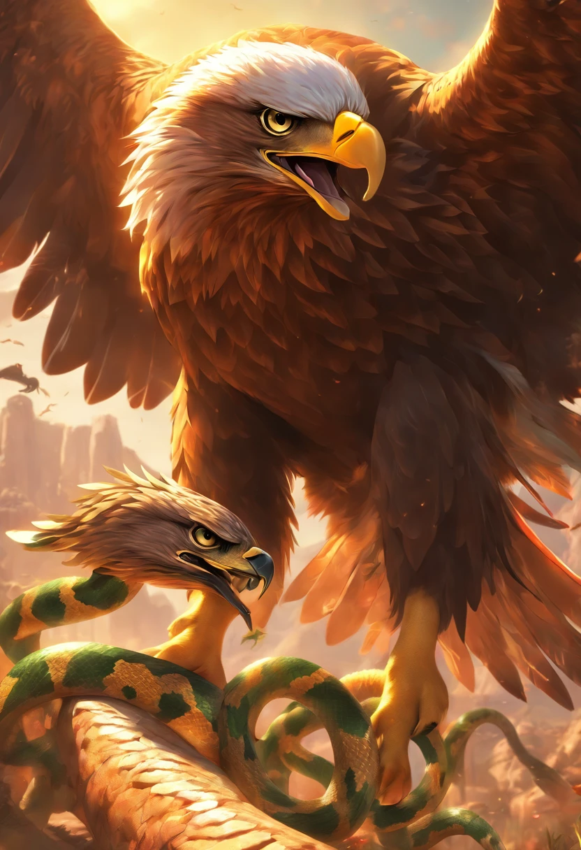 (((Eagle devouring snake)))best quality, ultra-high resolution, 4K detailed CG, master piece, eagle, cactus, desert snake, sunlight, Mexico, aesthetics, Beautiful image, centered on screen