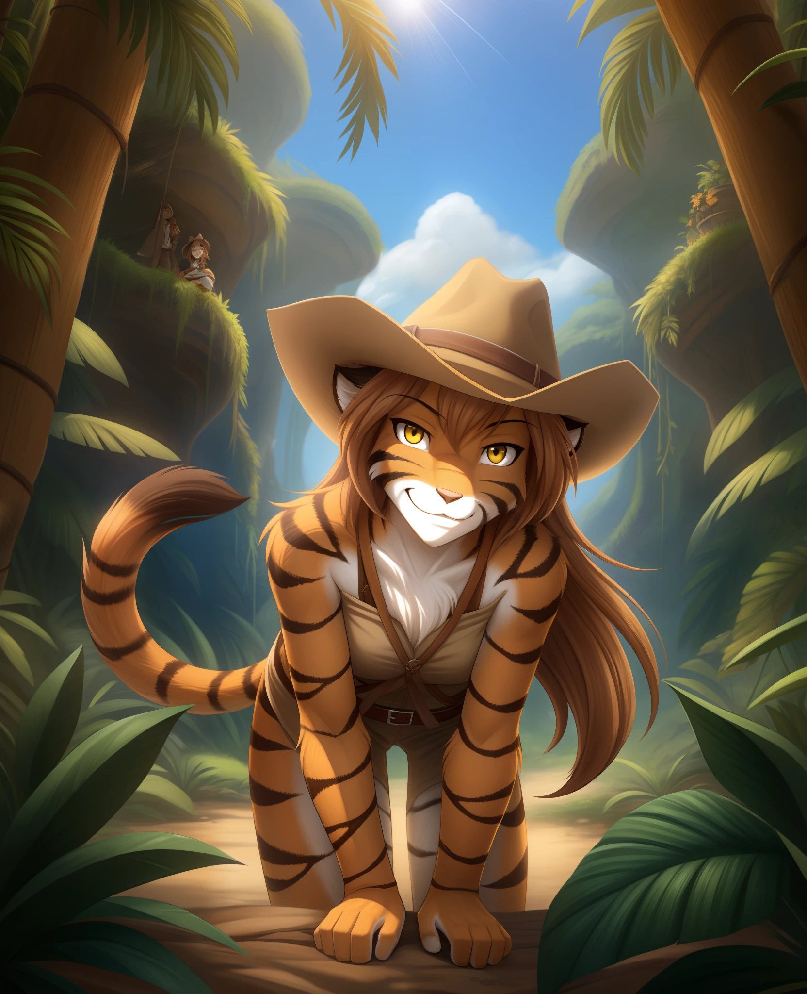 floratwokinds, flora, twokinds, by tom_fischbach,, absurdres, highres, 1girl, furry,  tiger fur, orange fur, white fur, brown hair, yellow eyes, cowboy shot, detailed face and eyes, standing, from below, tail, smug, 
jungle,