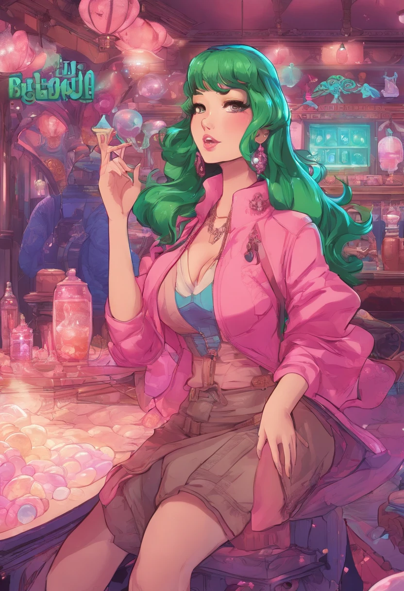 (1950's), (Japanese Hitomi Tanaka wearing a tight green turtleneck sweater with belt and jeans) and (German Jordan Carver wearing a tight bright blue cashmere sweater with purple leather vest and beige bellbottom jeans), big breasts!!, female bodybuilders!!, sitting in an 1950's cafe, (both women blowing a gigantic upper body sized transparent pink bubblegum bubbles in front of their lips and faces), surprised and happy expressions, head and shoulders portrait, 8k resolution concept art portrait by Greg Rutkowski, Artgerm, WLOP, Alphonse Mucha dynamic lighting hyperdetailed intricately detailed Splash art trending on Artstation triadic colors Unreal Engine 5 volumetric lighting, reflections,8k,4K,unreal engine,โ๏ธ๐ฅ๐๐๐ฏ๐, hdr, running, (separate belt pouch filled with bright pink sticks of bubblegum attached to belt), (blowing big bubblegum bubble from lips), cinematic detail, comic book art, reflections,8k,4K,unreal engine,โ๏ธ๐ฅ๐๐๐ฏ๐