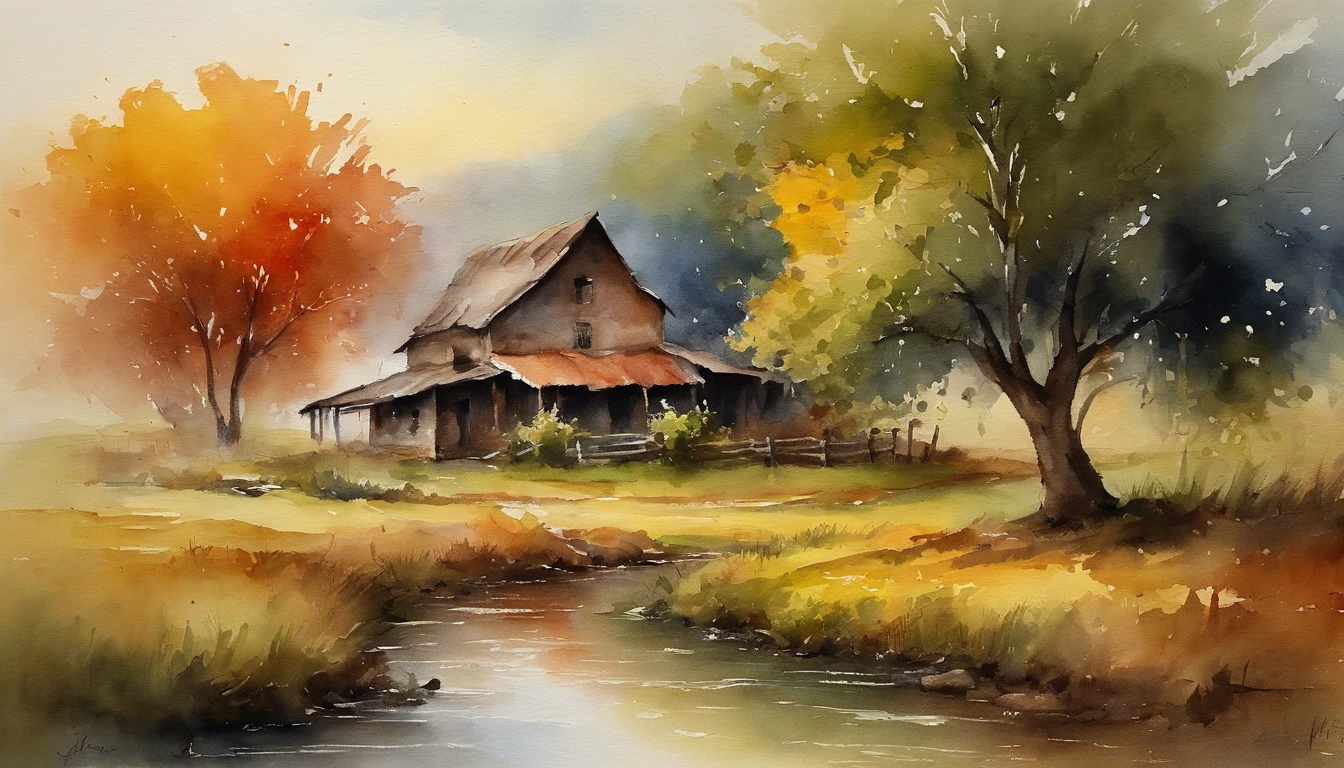 A farm house under the big tree beside the stream, Sunrise, bullock cart , Oil painting, classic style, rich colors, brushstrokes, vibrant textures, expressive portraits, dynamic composition, capturing light and shadow, artistry, timeless beauty.