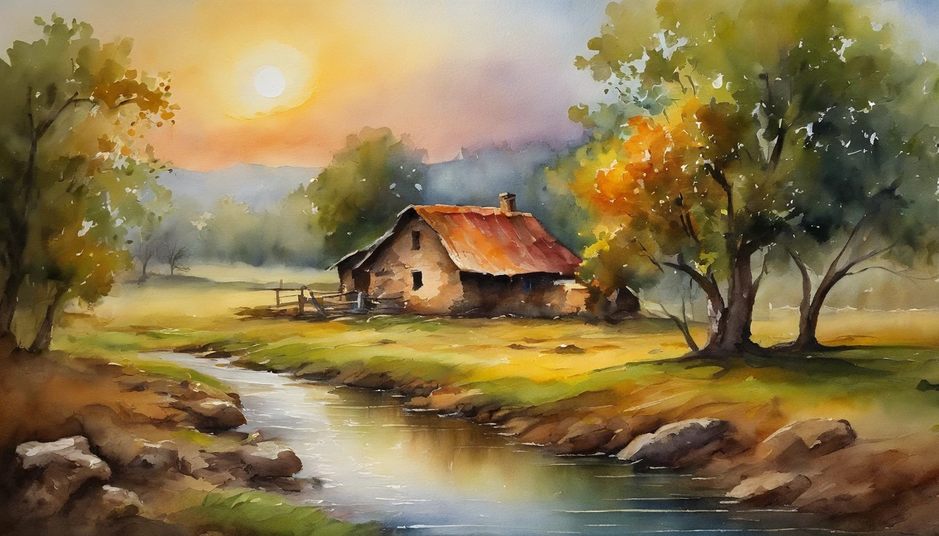 A farm house under the big tree beside the stream, Sunrise, bullock cart ,  Oil painting, classic style, rich colors, brushstrokes, vibrant textures, expressive portraits, dynamic composition, capturing light and shadow, artistry, timeless beauty.