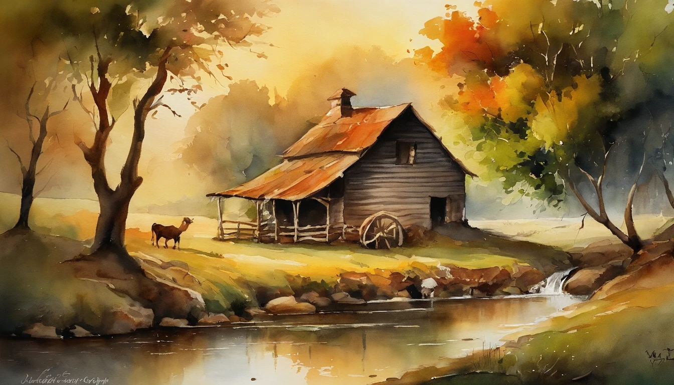 A farm house under the big tree beside the stream, Sunrise, bullock cart ,  Oil painting, classic style, rich colors, brushstrokes, vibrant textures, expressive portraits, dynamic composition, capturing light and shadow, artistry, timeless beauty.