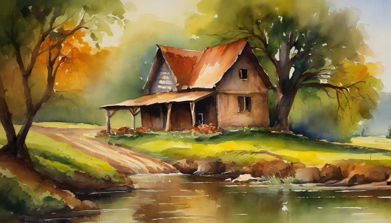 A farm house under the big tree beside the stream, Sunrise, bullock cart ,  Oil painting, classic style, rich colors, brushstrokes, vibrant textures, expressive portraits, dynamic composition, capturing light and shadow, artistry, timeless beauty.