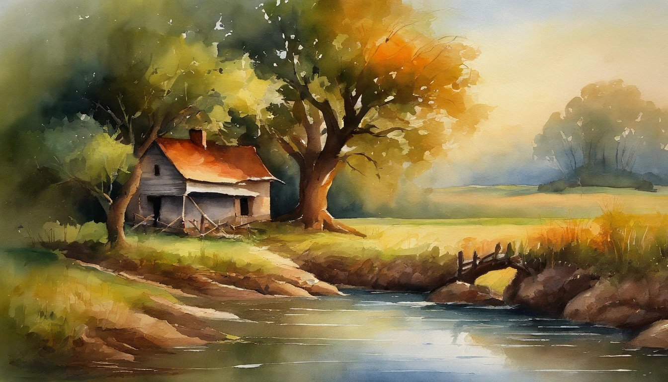 A farm house under the big tree beside the stream, Sunrise, bullock cart , Oil painting, classic style, rich colors, brushstrokes, vibrant textures, expressive portraits, dynamic composition, capturing light and shadow, artistry, timeless beauty.