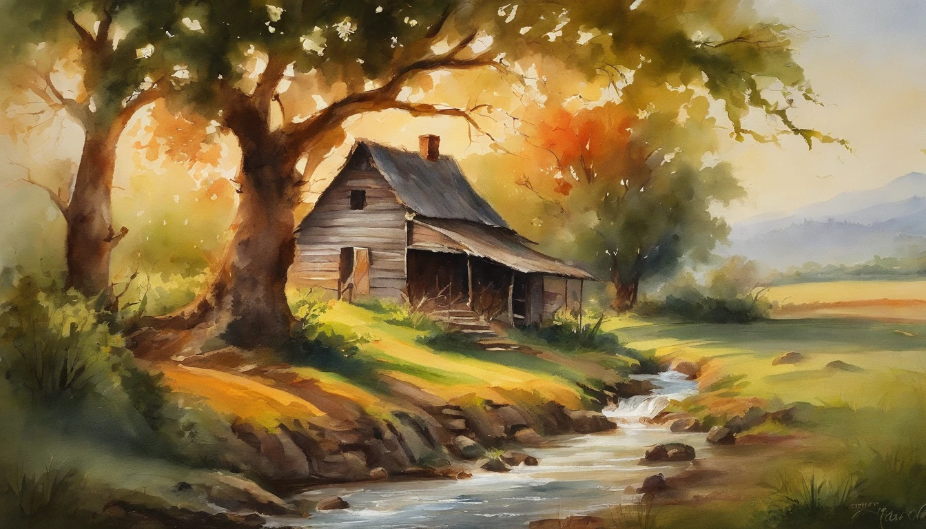 A farm house under the big tree beside the stream, Sunrise, bullock cart ,  Oil painting, classic style, rich colors, brushstrokes, vibrant textures, expressive portraits, dynamic composition, capturing light and shadow, artistry, timeless beauty.