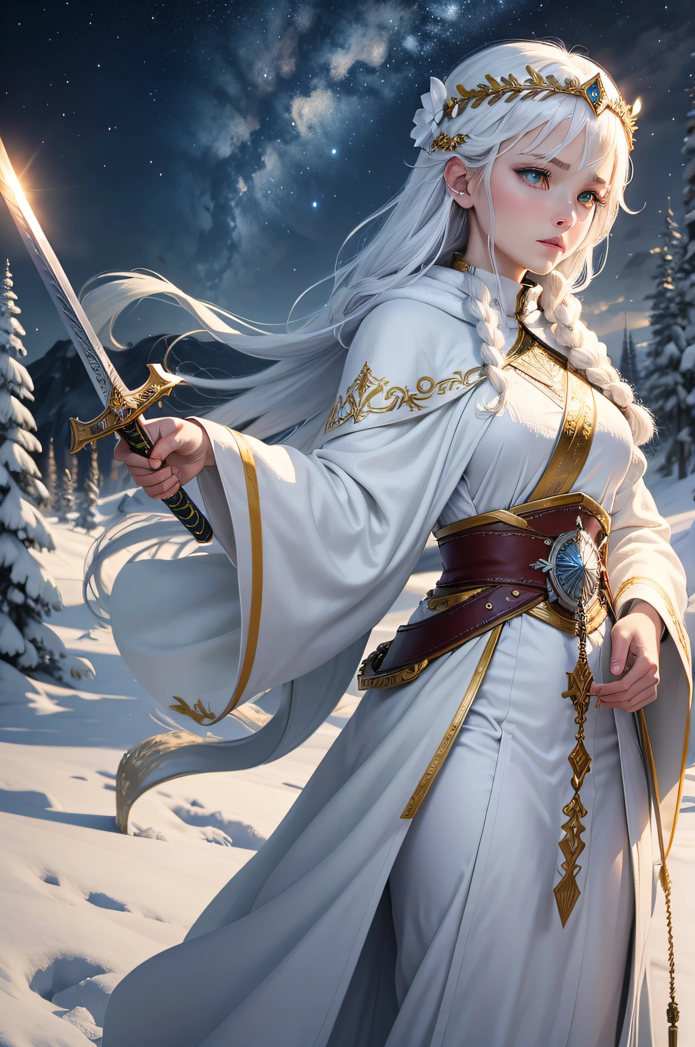 Nordic women Asgard Deities々 snowscape white robes diadems The sword Beautiful Landscapes Say a Prayer gold hair
