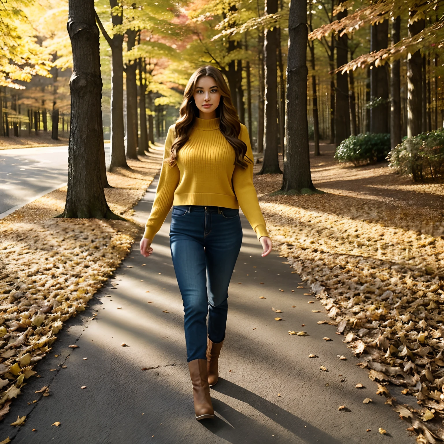 Generate full body photography of Autumn, the captivating influencer in her mid-20s, standing at approximately 5'4" tall. She boasts long, wavy chestnut hair that cascades gracefully onto her shoulders, complementing her athletic hourglass figure with a full bust. Her complexion is impeccable, bearing a warm, sun-kissed tan. Autumn's expressive brown eyes exude charisma, reflecting her relaxed and confident demeanor. Autumn should be attired in an outfit that seamlessly blends with the vibrant fall foliage surrounding her. She wears a cozy yet stylish sweater in rich autumn hues, gracefully enhancing her sun-kissed complexion. Her choice of bottoms includes comfortable and fashionable jeans that allow her to move freely while highlighting her alluring hourglass figure. Completing the ensemble are chic ankle boots, both stylish and functional for her autumn stroll. The photoshoot unfolds in a picturesque forest or park, immersed in the breathtaking tapestry of fall foliage. Nature's artistry is showcased in the form of vibrant reds, oranges, and yellows that surround Autumn as she strolls along a scenic trail. The warm sunlight filters through the colorful leaves, casting a gentle, golden glow, creating a stunning backdrop. Autumn should be captured in candid yet enchanting poses that illustrate her profound connection with nature. Poses may include her reaching out to touch a vividly colored leaf, gazing up at the canopy of fall foliage, or simply walking along the trail, lost in thought. These poses should convey her deep admiration for the autumn landscape and her harmonious relationship with the season. The photographs should emphasize the serene ambiance of the natural surroundings, with meticulous attention to detail. Photorealistic lighting and visible shadows should enhance the visual appeal, making the images appear hyper-realistic. Autumn's makeup should accentuate her natural beauty, radiating a warm and relaxed charm