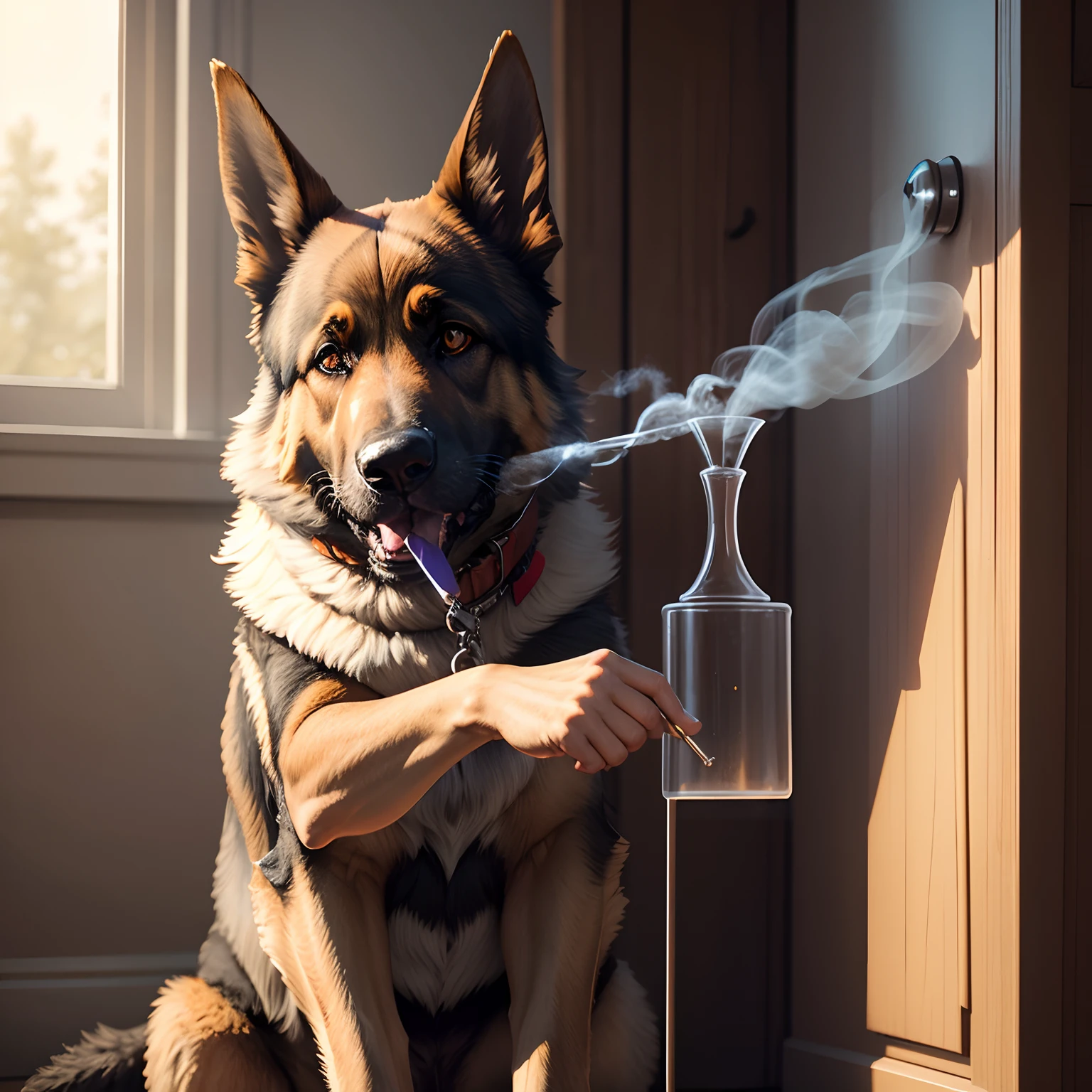 A German Shepard smoking a bong