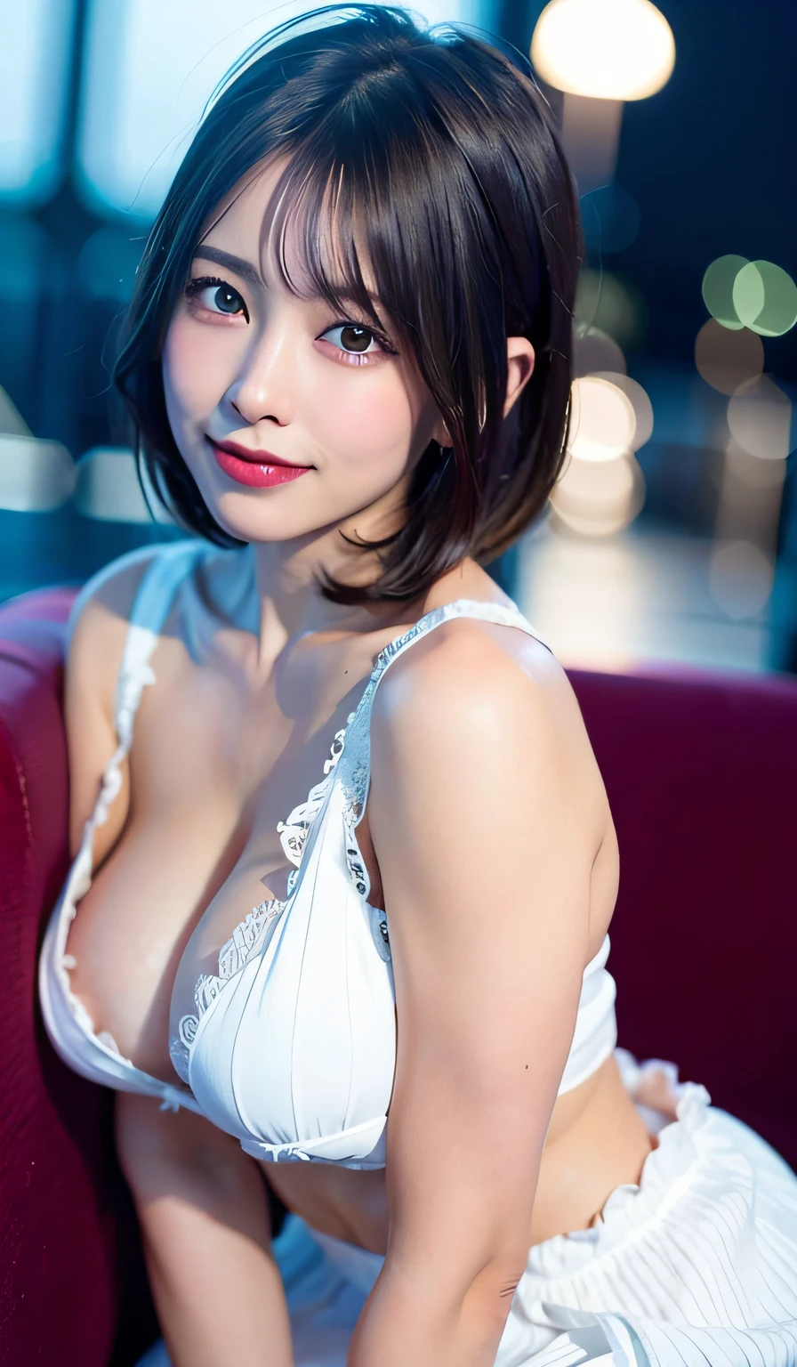 (8k, RAW photo, best quality, masterpiece:1.2), (realistic, photo-realistic:1.37), ultra-detailed,
1 girl,cute, solo,beautiful detailed sky,detailed cafe,night,sitting,dating,(nose blush),(smile:1.1),(closed mouth),large breasts, seductive smile, large aparture, professional lighting, Sony A7R4, Zessie 50mm F1.8,,fold your arms behind head:1.5,mole under eye:1.2,(masterpiece),(Photorealsitic:1.3),ultra-detailliert,(high detal)The skin:1.2),(top-quality:1.0),(A high resolution:1.0),
medium breasts,beautiful detailed eyes,(white sexy dress:1.1), bowtie,pleated skirt,(short hair:1.2),floating hair