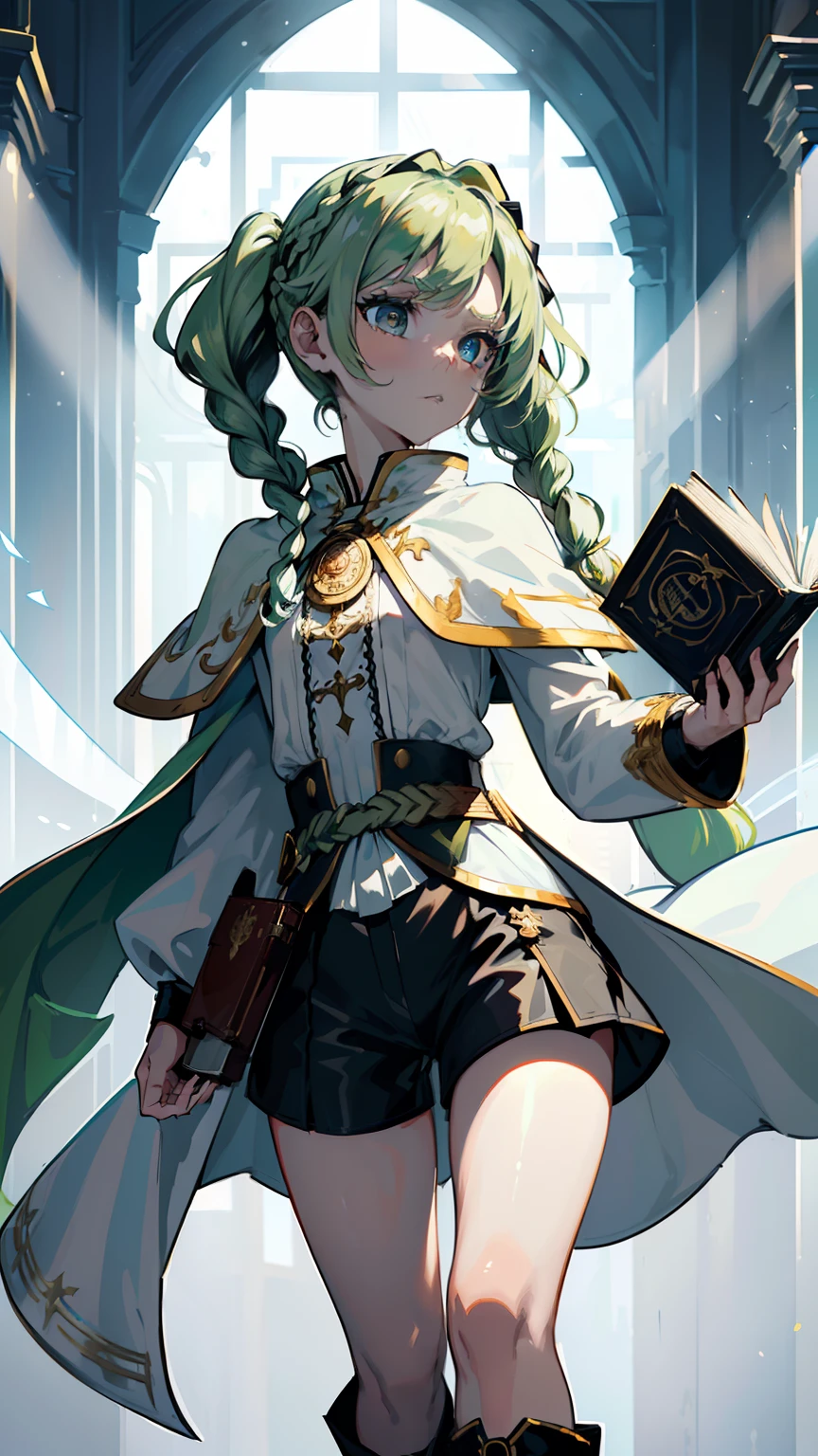 masterpiece, ultra detailed, 8k portrait, RAW photo, portrait photography, highly detailed face, beautiful and meticulous eyes, ((Fantasy)), Young beautiful, , (((drooping eyes))), dynamic pose, (((short wavy light green hair))), ((braided twin tail)), parted bangs, White skin color, Luxury, (((white long tunic with a single vertical blue line))), (((black shorts))), (((white cape with coat of arms))), (((little waist hip pouch))), high cut leather boots, ((holding magic book)), Midday Sun, hyper realistic, slender body, flat chest, Long legs, in the medieval magic classroom, Ambient lighting, Shadow details , Camera focus on face, strong breeze, Light fog