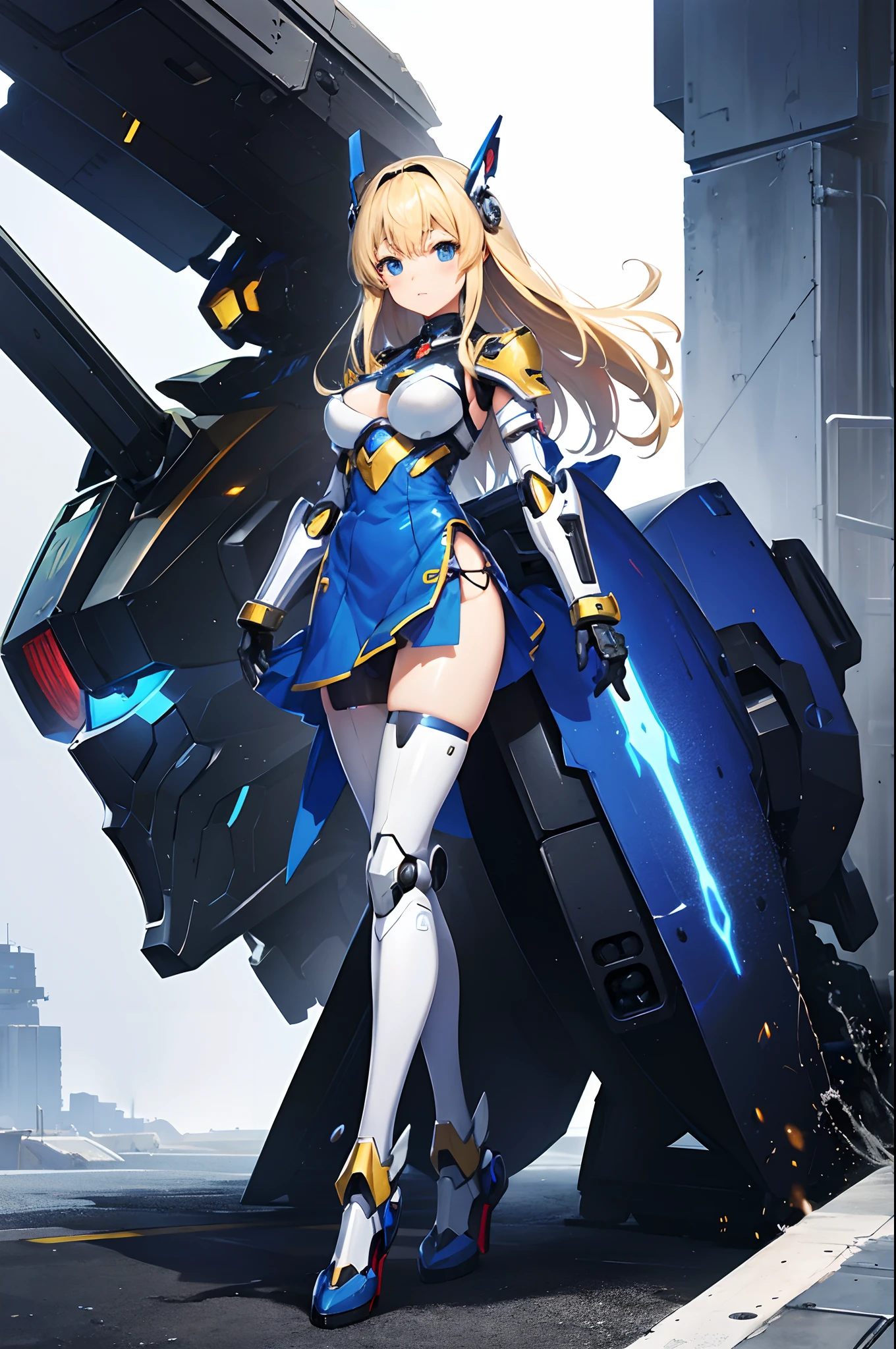 masutepiece, Best Quality, hight resolution,fullllbody,Anime character with long blonde hair and blue dress in hand, mechanized valkyrie girl, armor girl, Anime Manga Robot!! Anime Girl, Mechanized soldier girl, Girl in Mecha Cyber Armor, fully robotic!! girl, anime mech armor, female mech, gear mecha, mecha anime, mecha-armored, cool mecha style, vanillaware artwork
