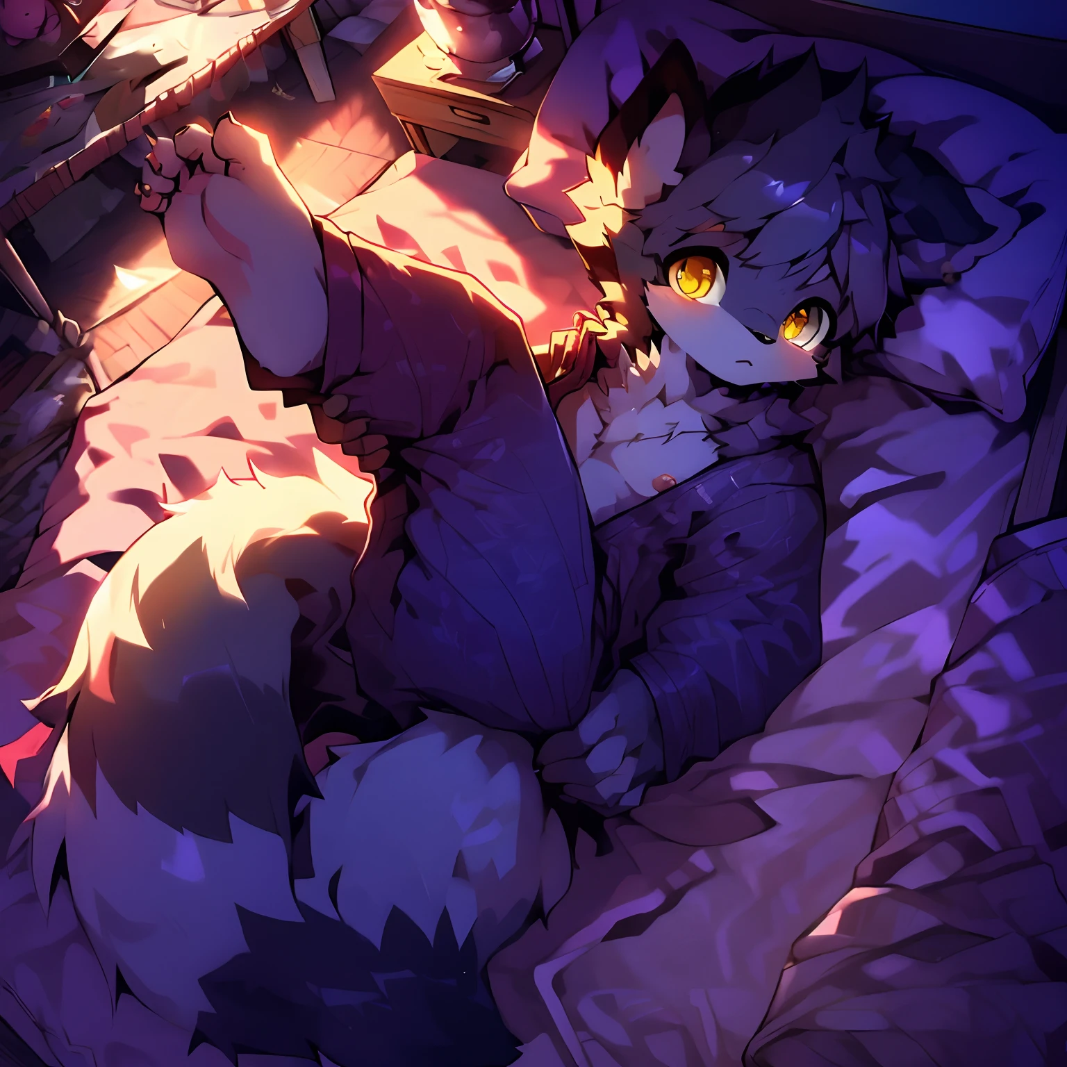 Black and white fur,gold eyes,hairy chest,(Fluffy tail:1.2),In pajamas,Wear a nightcap,sit on a bed