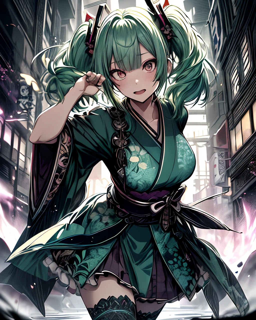 Full body、Japanese dress、Kimono Dresses、long、miku hatsune、Green hair、Twin-tailed、Ahegao ( Silly / Sexual ecstasy)、Cross-eyed、Stranger、View other people、Blunt bangs、 over-kneehighs,Ahegao , Silly,Sexual ecstasy,Drunken eyes,Blunt bangs, Green hair,(masutepiece:1.2, Best Quality), (finely detailed beautiful eye: 1.2), (Detailed background,Dark Fantasy), (beautifull detailed face), High contrast, (Best Illumination, extremely delicate and beautiful), ((Cinematic Light)), Colorful, Hyper Detail, Dramatic light, Intricate details,