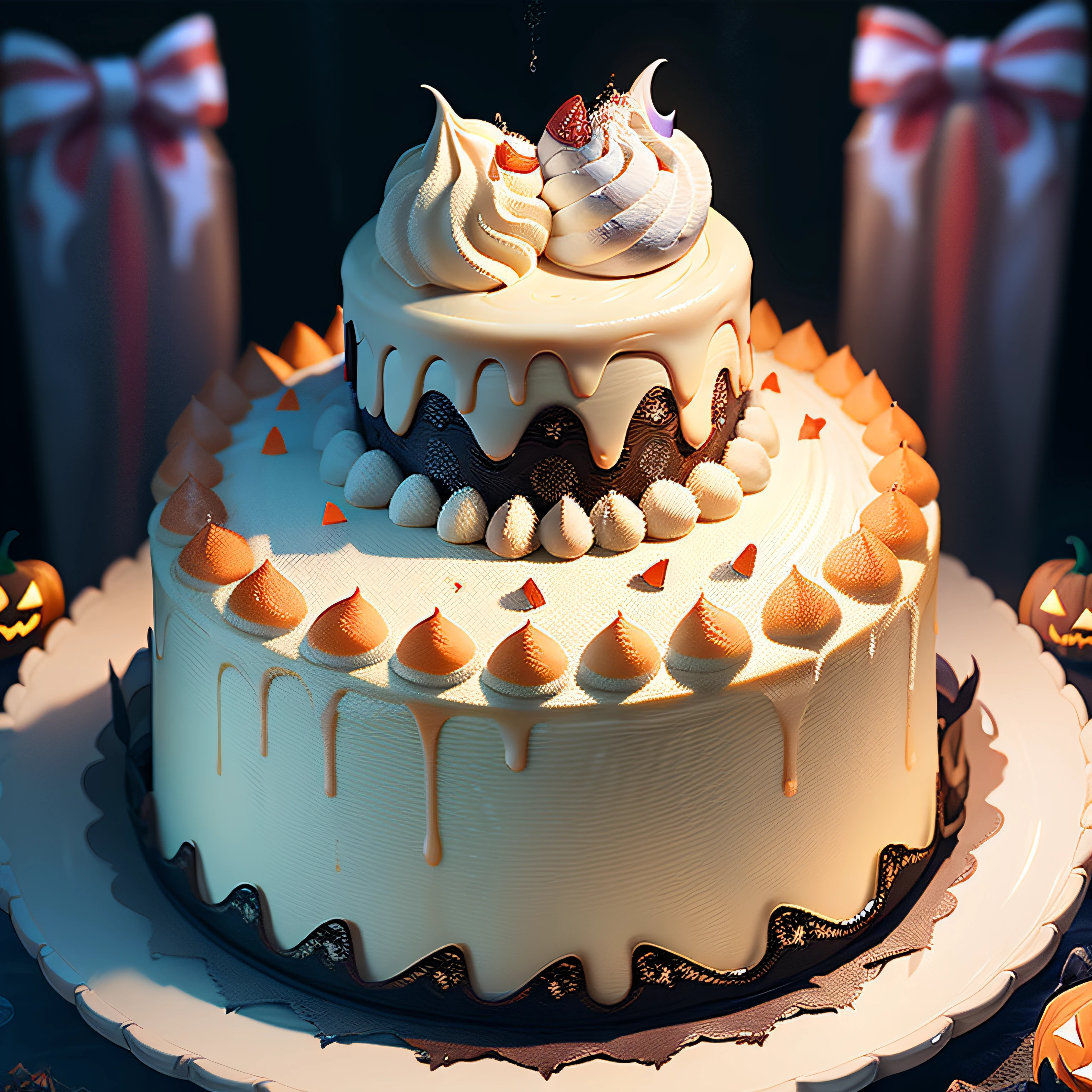 (raw photo), masterpiece, high quality, best quality, halloween themed cake with cream on a plate, full cake, halloween, cream on the sides, foodphoto, blurred background, full view, 8k, excellent quality.