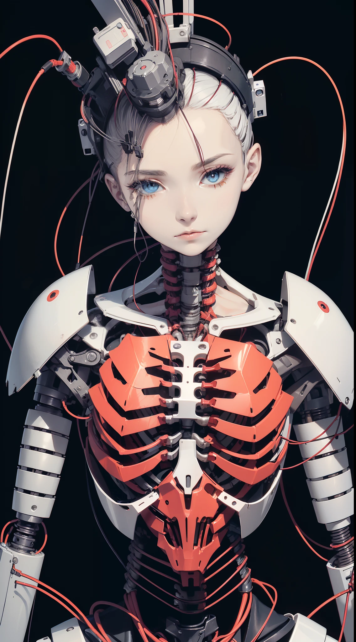 (((master part))), ((((best quality)))), (((ultra-detalhado))), (CG illustration), ((extremamente delicado e bonito)),(rosto bonito e delicado),Cinematic light,((1 mechanical girl)),sozinho,corpo inteiroesbian,(machine made joints:1.4),((Mechanical limb)),(Blood vessel attached to the tube),((The mechanical vertebrae are attached to the back)), ((Mechanical cervical vertebrae attached to the neck)),((sentado)),expressionless face,(Wires and cables attached to the head and body:1.5),(foco no personagem),scientific fiction,looks into the camera,cabelos de cor preta,estilo preto e branco,Blue machinery