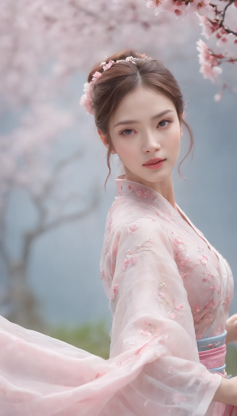 (Best quality,4K,8K,A high resolution,Masterpiece:1.2),Ultra-detailed,(Realistic,Photorealistic,photo-realistic:1.37),Delicate depiction of cherry blossom motif on traditional Chinese gauze dress, Dynamically capture Tai Chi elements, Flowing fabric, vivid vivid colors, Pastel tones, Soft and dreamy lighting, Focus on exquisite craftsmanship, Dynamic movements, Detailed rendering of intricate floral embroidery, Elegant and elegant gesture, Porcelain-like skin, long pink twintails, soft blue eyes, Subtle and flawless makeup, Surreal wallpapers